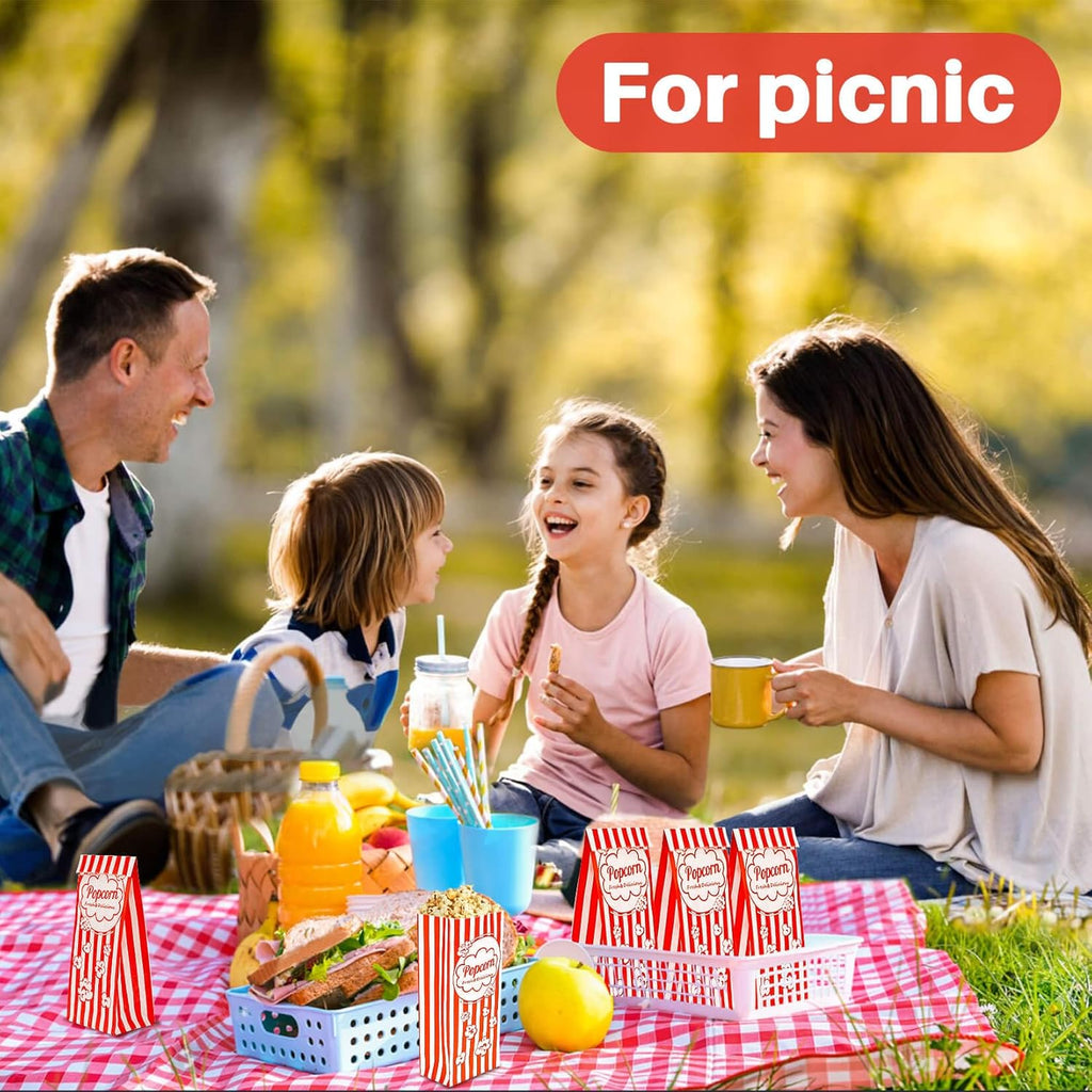 100 Popcorn Bags Flat Bottom - Paper Popcorn Food Bags Individual Servings Party Pop Corn Sleeves Bulk Carnival Halloween Snack Pack Gift Favor Treat Bolsas Para Palomitas Movie Night Supplies