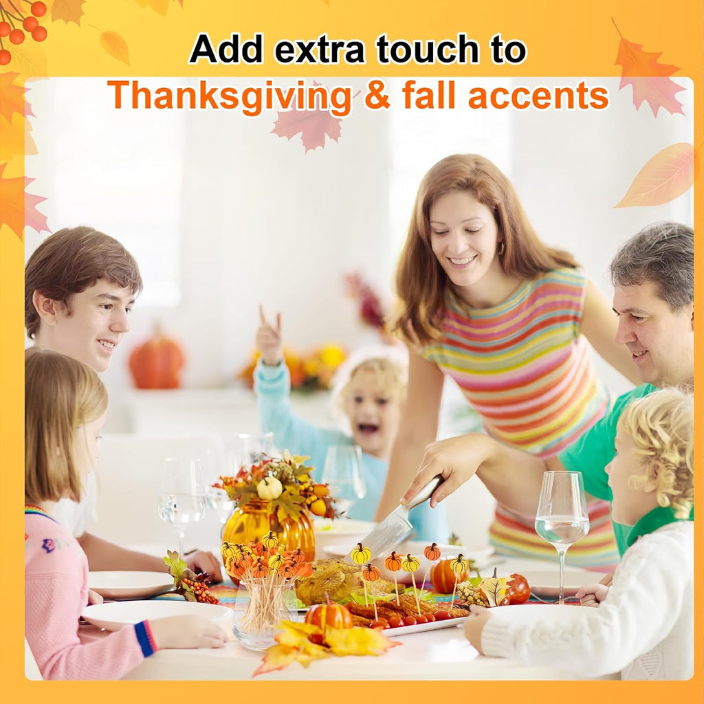 100 Thanksgiving Cocktail Picks, Pumpkin Fall Toothpicks for Appetizers Charcuterie Boards Accessories, 4.7 in Bamboo Skewers Fruit Drinks Food Sticks, Thanksgiving Decoration Autumn Party Supplies