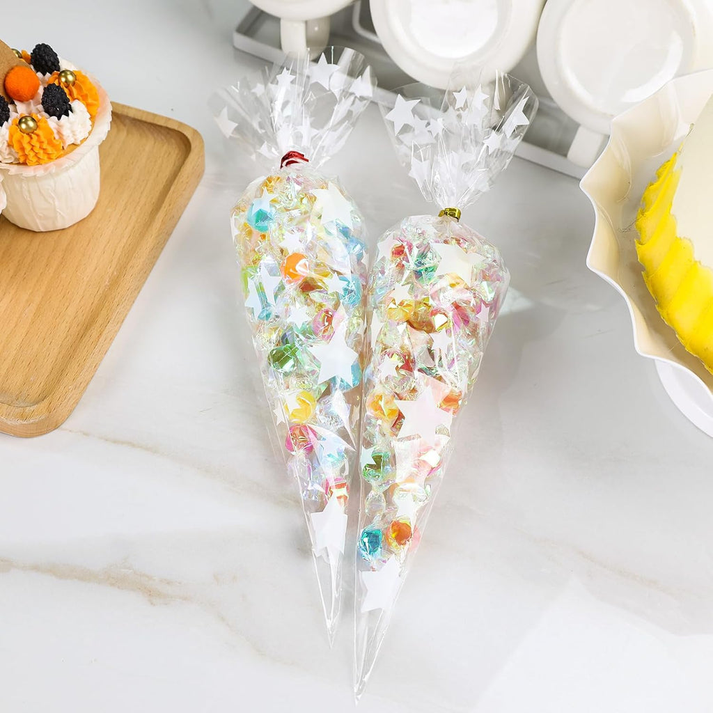 200 Pack Cone Shaped Treat Bags, 6.3X11.8 Inch Medium Transparent Cone Cello Sweet Popcorn Bags with 200 Pieces Ties for Wedding Birthday Party Favor