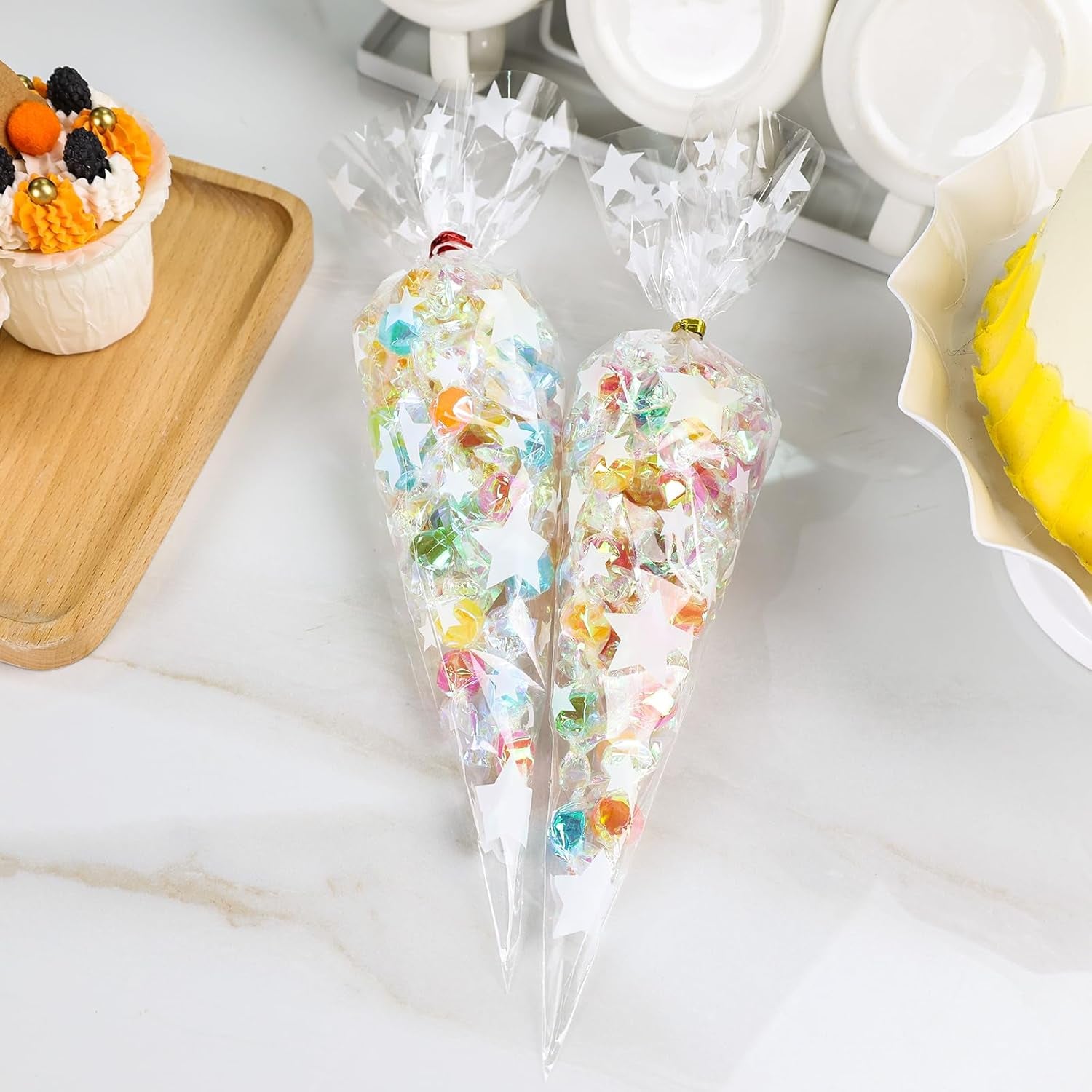 200 Pack Cone Shaped Treat Bags, 6.3X11.8 Inch Medium Transparent Cone Cello Sweet Popcorn Bags with 200 Pieces Ties for Wedding Birthday Party Favor