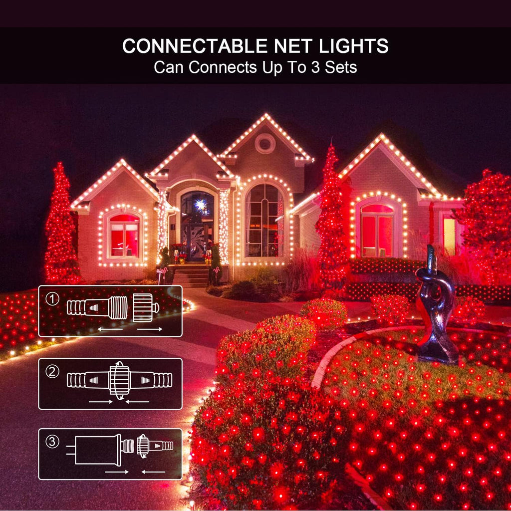 200 LED Red Christmas Net Lights, 9.8Ft X 6.6Ft Connectable Christmas Bush Lights with Remote, 8 Modes Plug in Net Light Outdoor Mesh Light Waterproof for Tree, Yard, Fence Decoration