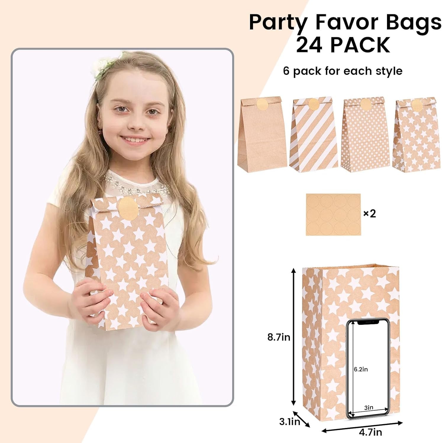 24 Pack Kraft Paper Bags with Stickers, 4 Styles Party Favor Bags for Christmas, Weddings, Birthdays, Retail, Lunch Treats