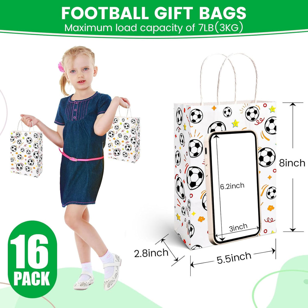 16 Pack Soccer Goodie Bags, 5.5"X2.8"X8" Party Favor Bags with Handles for Kids Birthdays, Sports Theme Decorations, Gift Giving Bulk Supplies