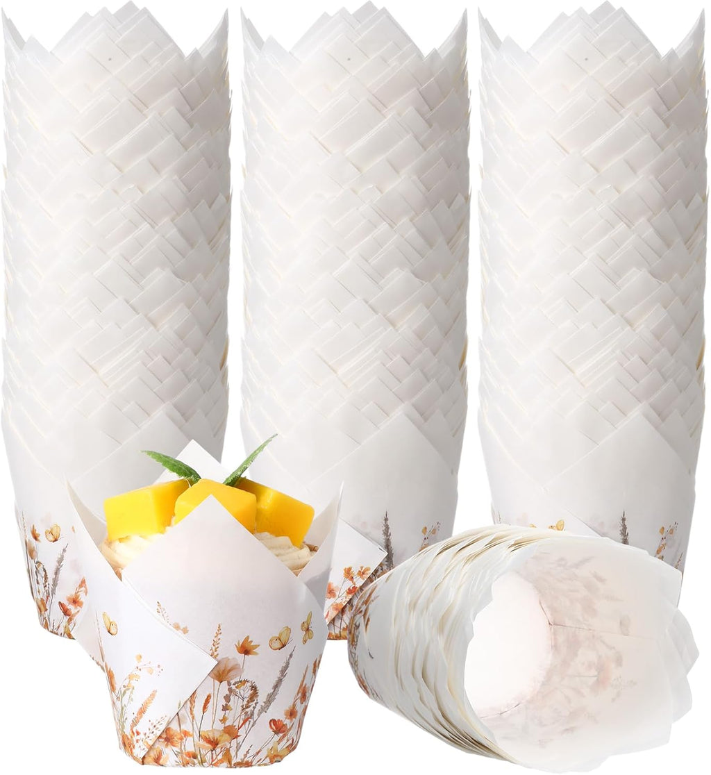 200 Pcs Fall Floral Tulip Cupcake Liners for Baking Autumn Wildflower Paper Muffin Baking Cups Flower Tulip Muffin Liners Wrappers for Thanksgiving Baby Shower Wedding Birthday Party Decor