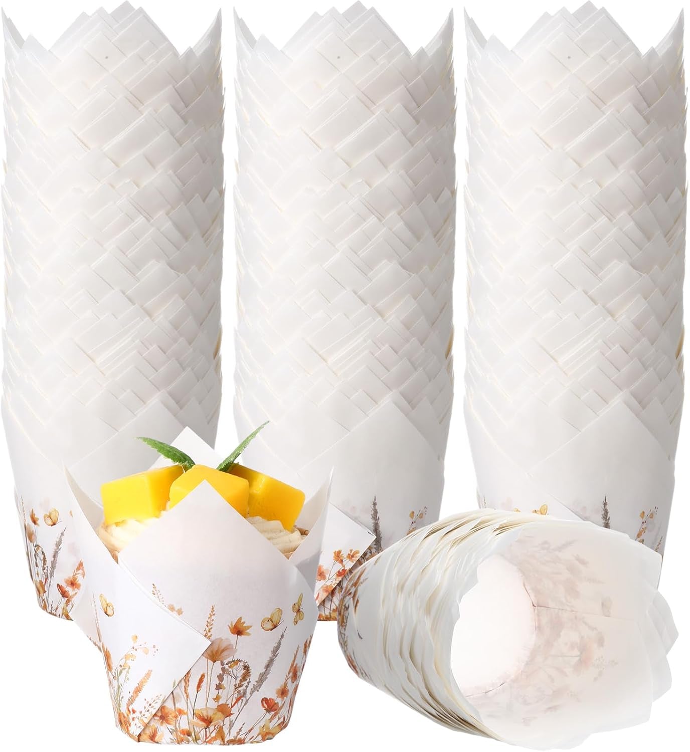 200 Pcs Fall Floral Tulip Cupcake Liners for Baking Autumn Wildflower Paper Muffin Baking Cups Flower Tulip Muffin Liners Wrappers for Thanksgiving Baby Shower Wedding Birthday Party Decor