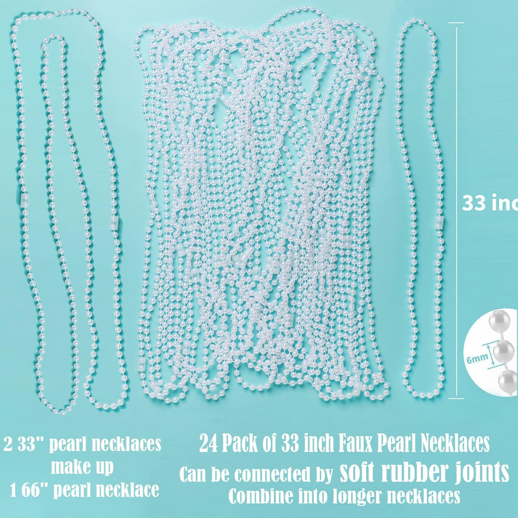 24 Faux Pearl Necklaces 6Mm White Beaded, 33 Inch Bulk Long Pearls Strand Costume Jewelry Flapper Bead Accessories Tea Party Favor Wedding Decoration