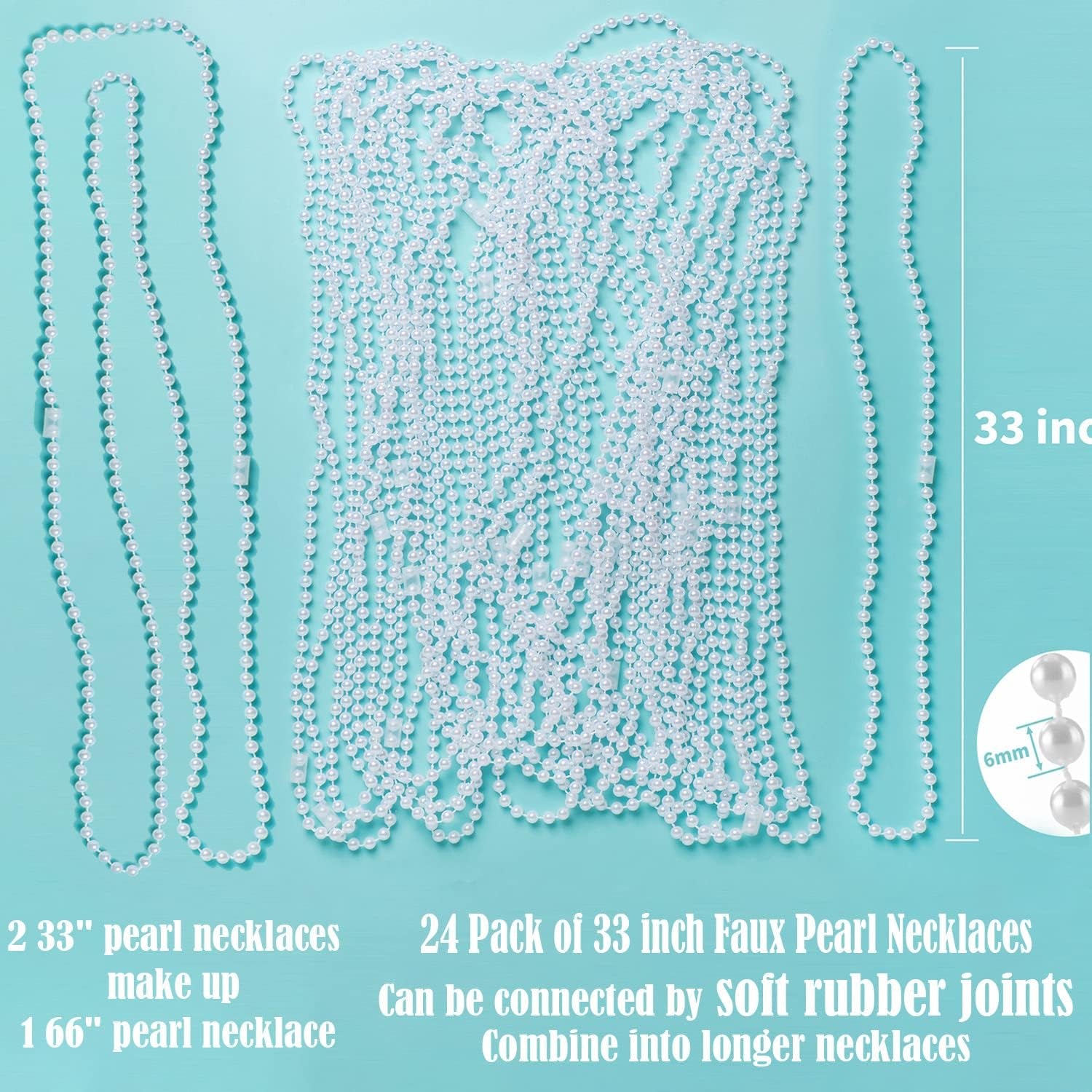 24 Faux Pearl Necklaces 6Mm White Beaded, 33 Inch Bulk Long Pearls Strand Costume Jewelry Flapper Bead Accessories Tea Party Favor Wedding Decoration