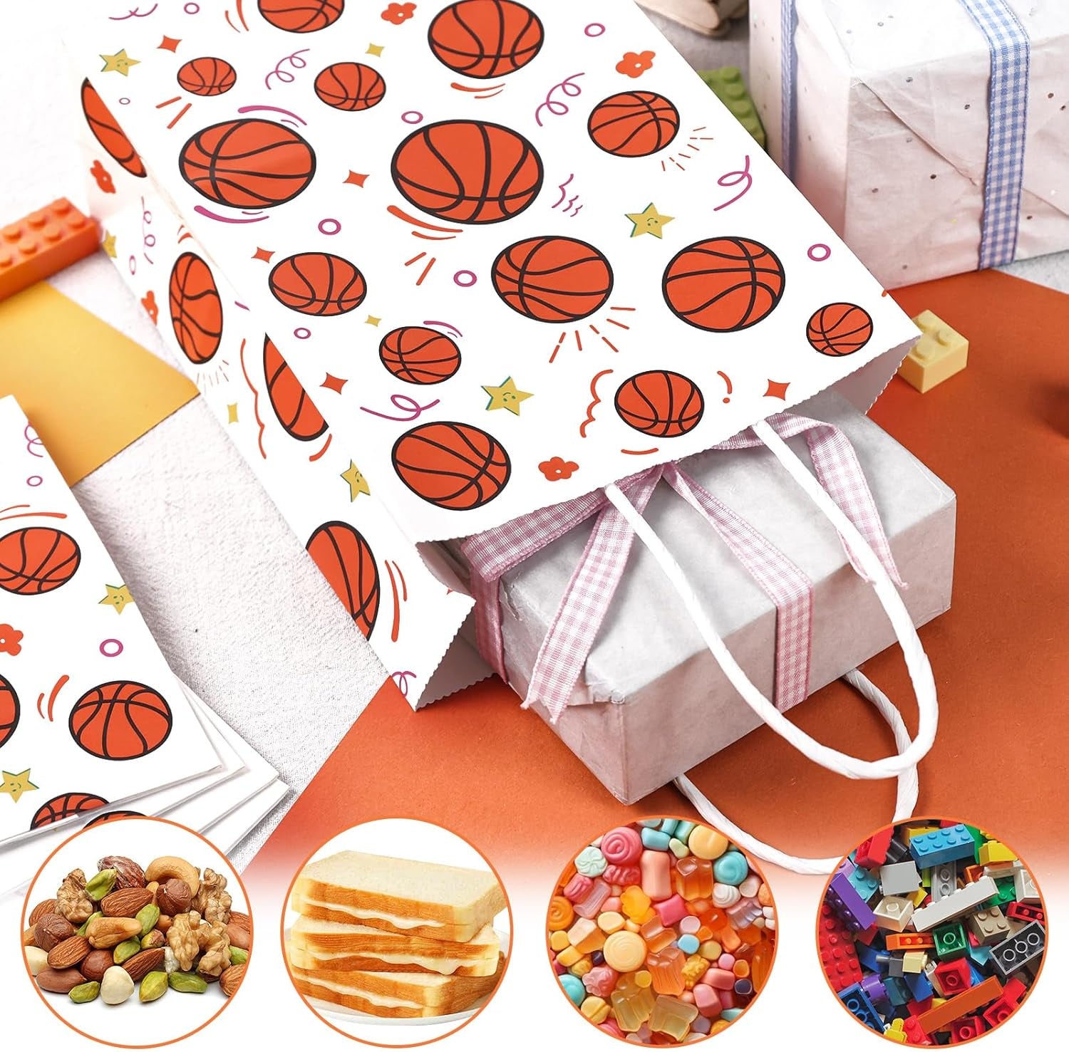 16 Pack Gift Bags, 5.5" X 2.8" X 8" Basketball Party Favor Bags with Handles for Sports Theme Birthday Party Supplies