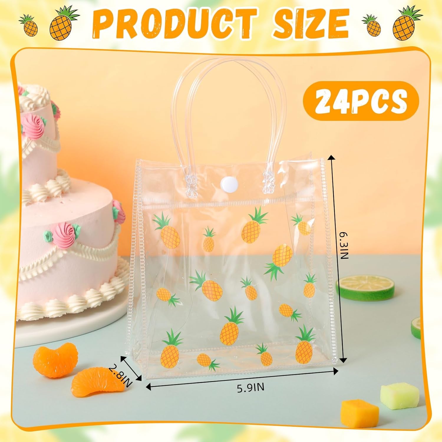 24 Pcs Pineapple Gift Bags Plastic Clear Hawaiian Treat Tote Bags with Handles Waterproof Portable Luau Party Favor for Summer Beach Tropical Party Birthday, 5.9 X 2.7 X 6.3 Inch
