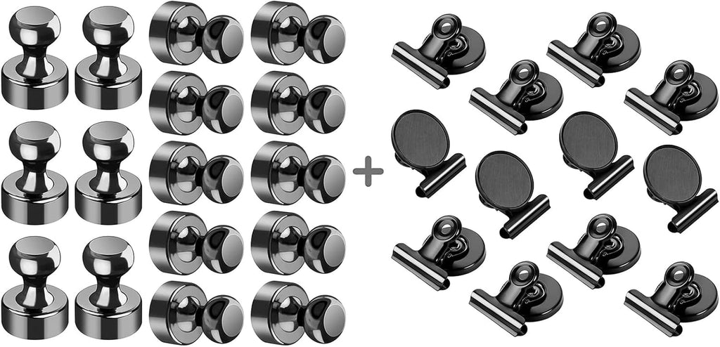 16Pack Black Refrigerator Magnets Magnetic Push Pins & 12 Pack Black Magnetic Clips Fridge Whiteboard Magnets Clips