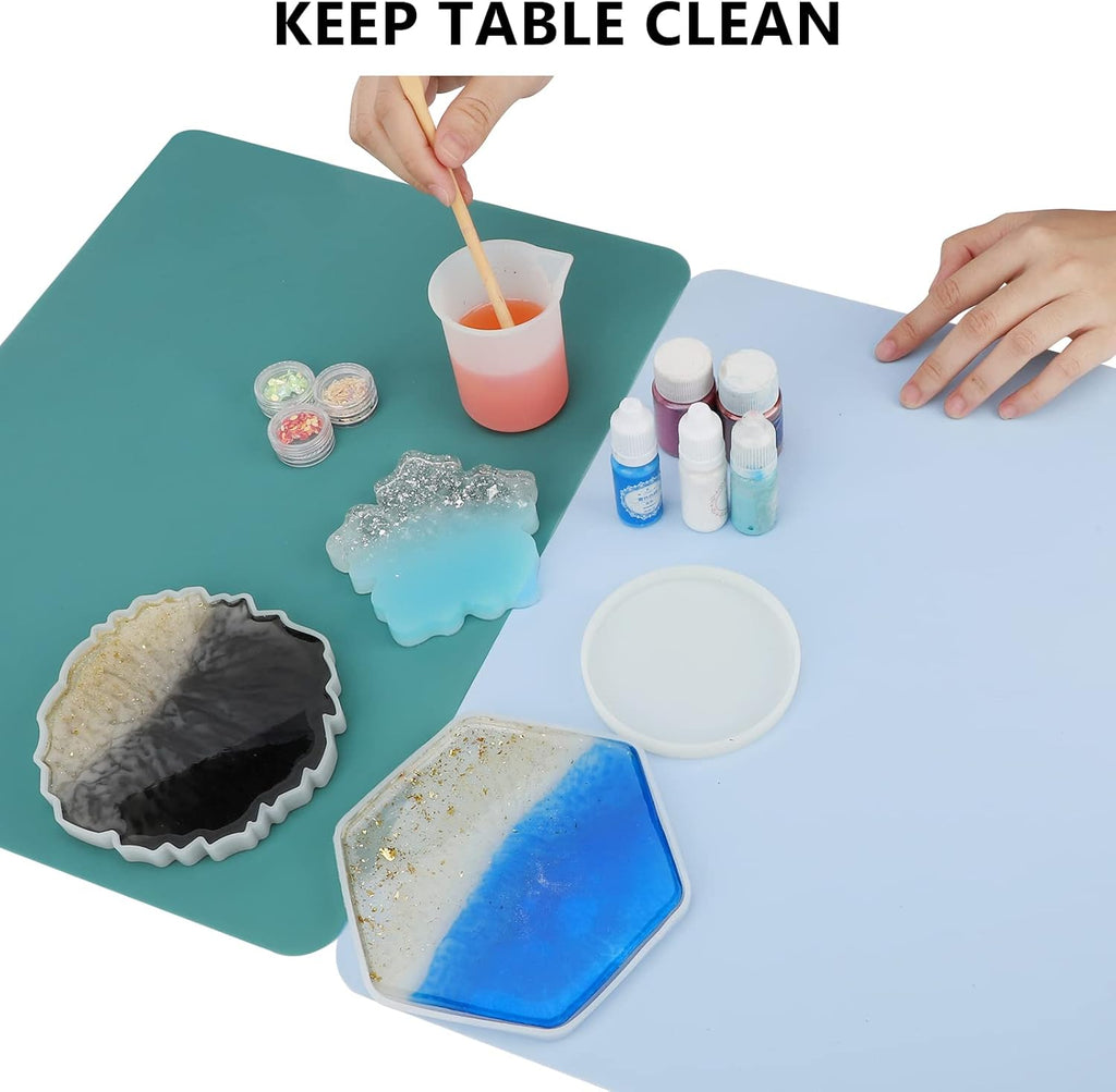 2 Pack Silicone Mat for Crafts, 15.7" X 11.8" Large Silicone Sheet, Multi Purpose Heat Resistant Mats for Epoxy Resin, Jewelry Casting, Painting, Countertop Desk, Placemat, Black Green & Blue