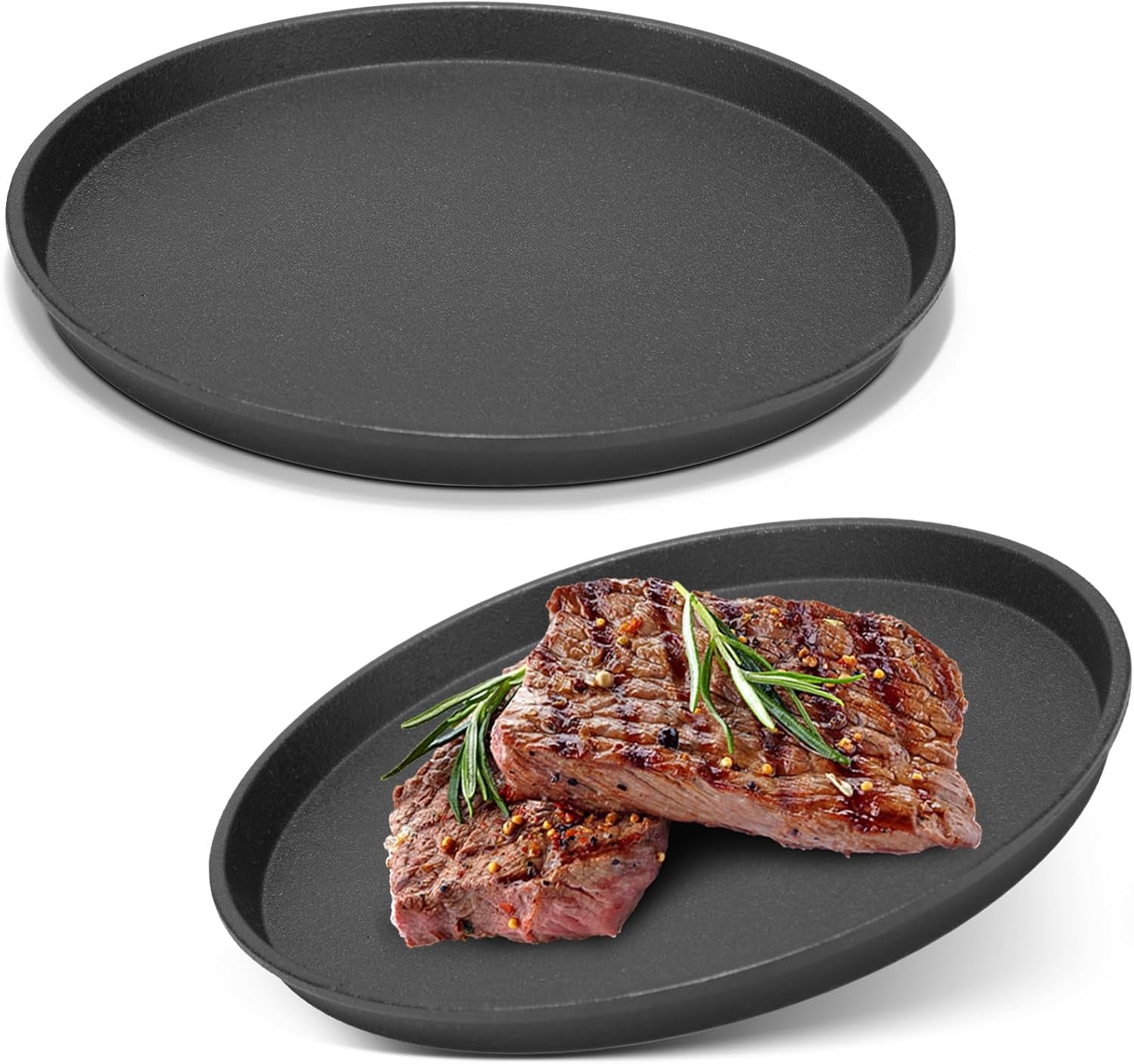 2 Pcs Small Cast Iron Griddle Pan 7.5'' round Cast Iron Pizza Pan Camping Skillets Mini Carbon Steel Griddle for BBQ Cooking, Baking, Grilling, Frying, in the Oven, on the Stove or Grill, Black