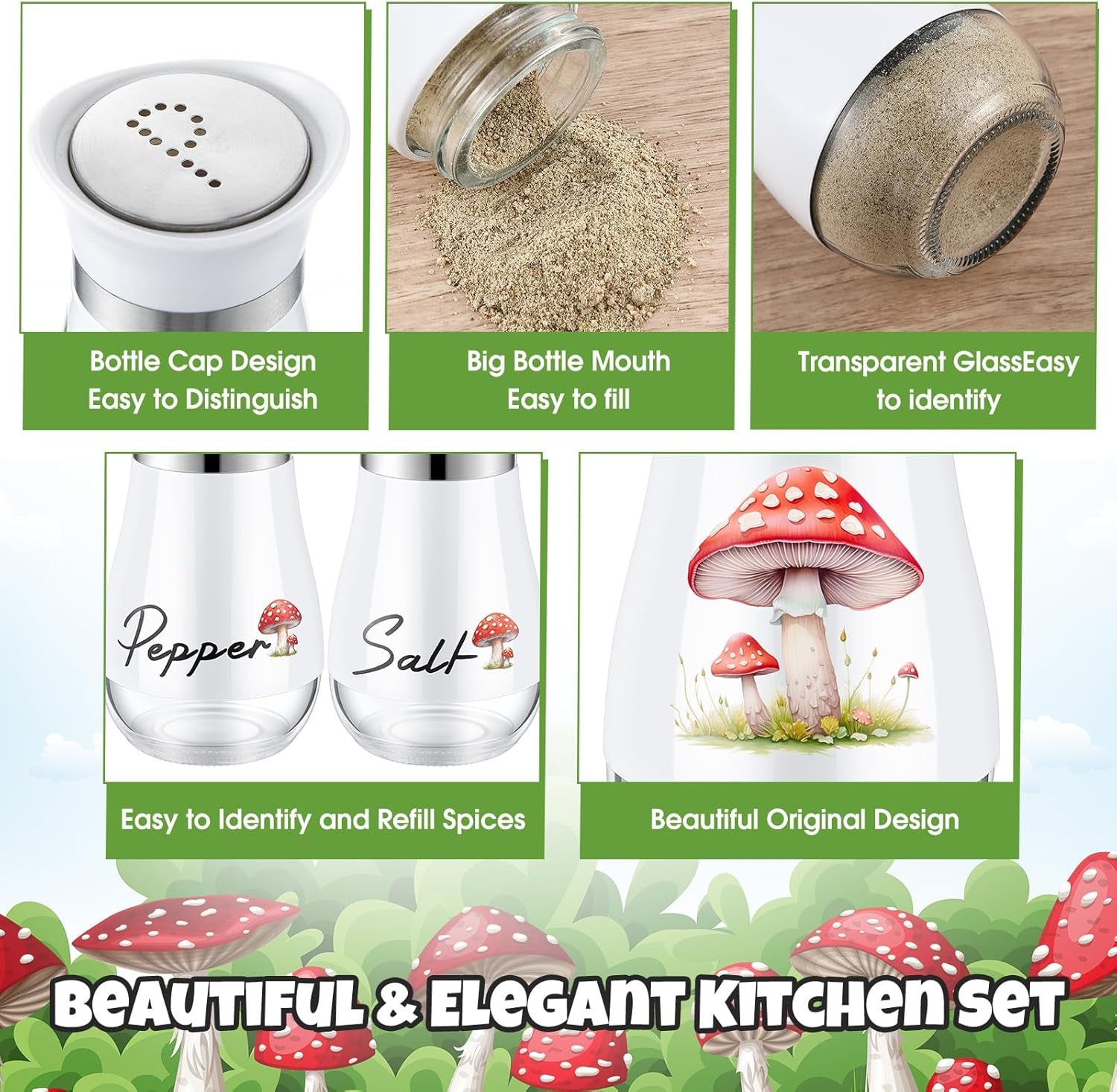 2 Pcs Salt and Pepper Shakers Set Cute Stainless Steel Salt Pepper Containers with Glass Bottle for Kitchen Cooking, BBQ, Bar, Table, RV, Camp (Mushroom)