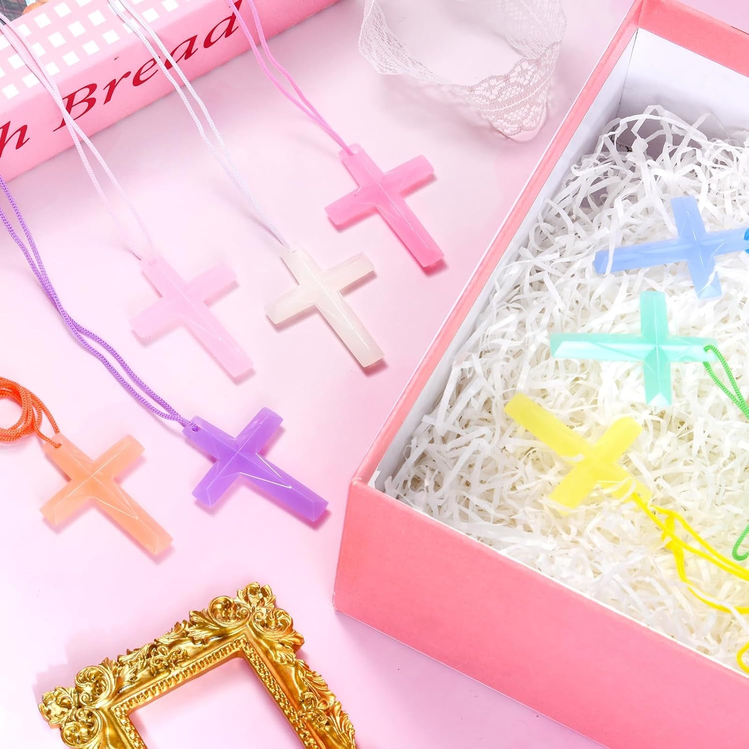 104 Pcs Crystal Cross Necklace, Plastic Cross Necklace Christian Gift Bulk Religious Party Favors Toy for Sunday School Church Easter Vacation Bible School Operation Christmas,8 Colors(Macaron Color)
