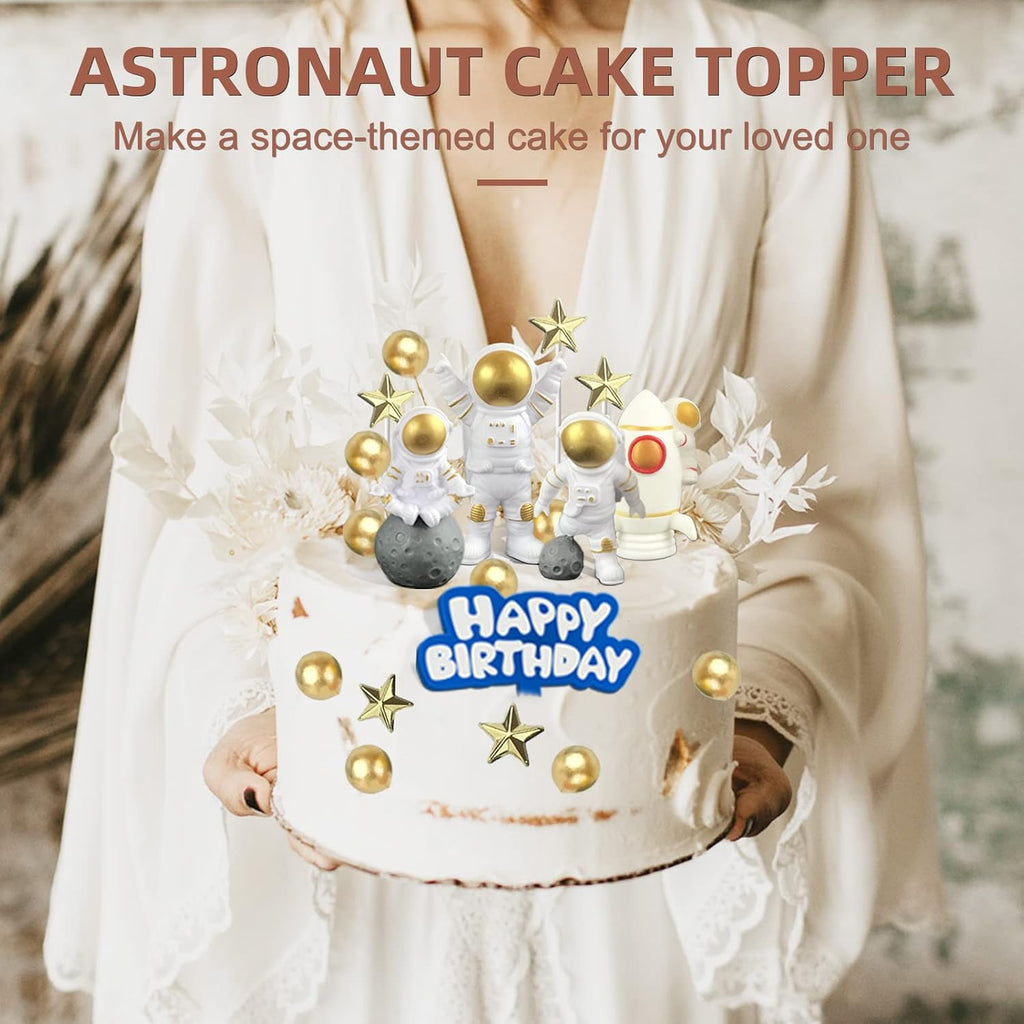 18 Pack Astronaut Cake Topper Set, Outer Space Cake Decoration Astronaut Figurine Rocket Caketoppers with Stars and Pearl Balls for Christmas Astronaut Themed Party Kids Birthday Tabletop Decor(Gold)