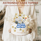 18 Pack Astronaut Cake Topper Set, Outer Space Cake Decoration Astronaut Figurine Rocket Caketoppers with Stars and Pearl Balls for Christmas Astronaut Themed Party Kids Birthday Tabletop Decor(Gold)