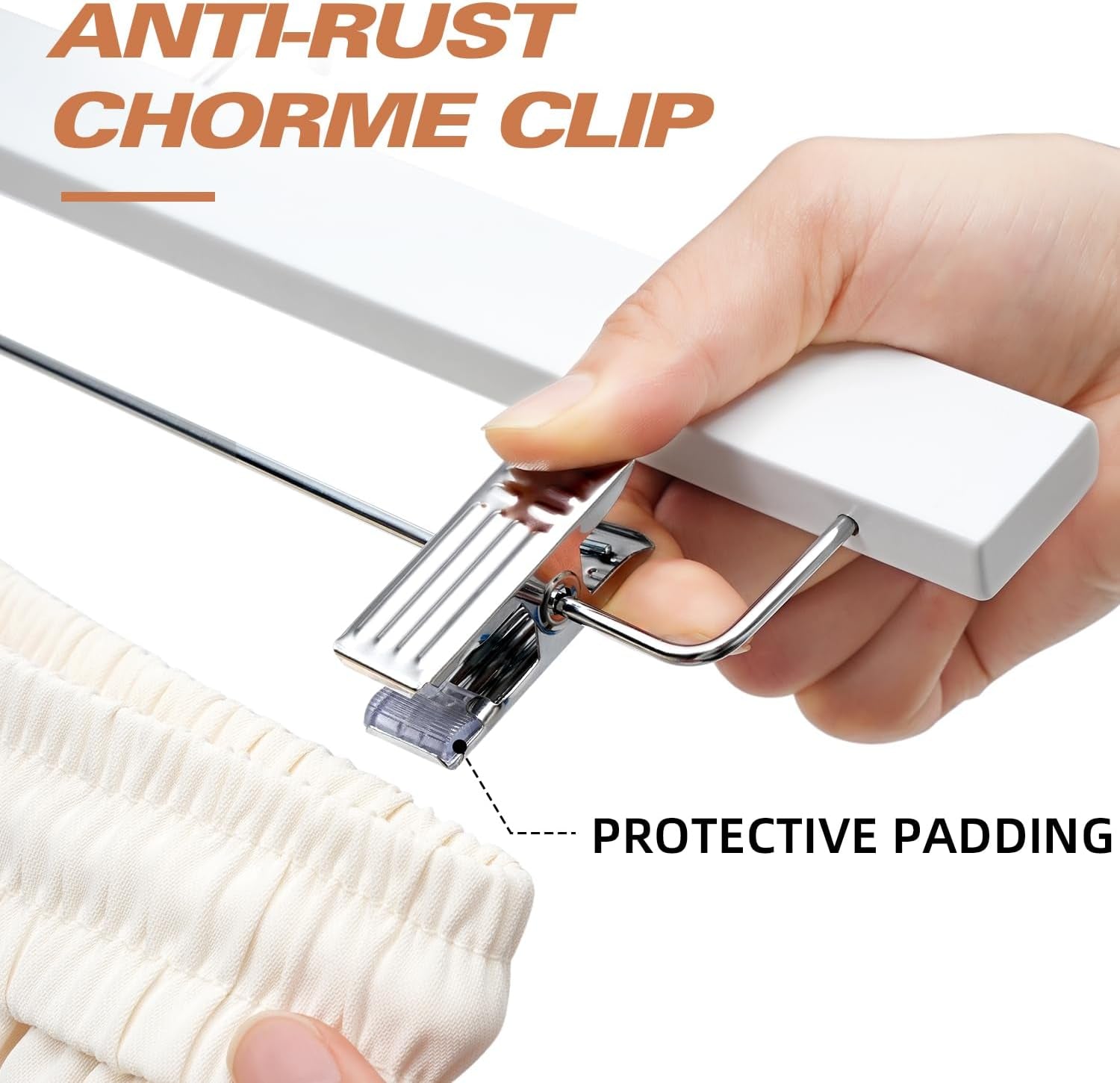 10 Pack Wooden Pants Hangers with Adjustable Clips, 360°Swivel Hook Space Saving Skirt Holders with Anti-Rust Clips for Trousers, Jeans, Shorts (White)