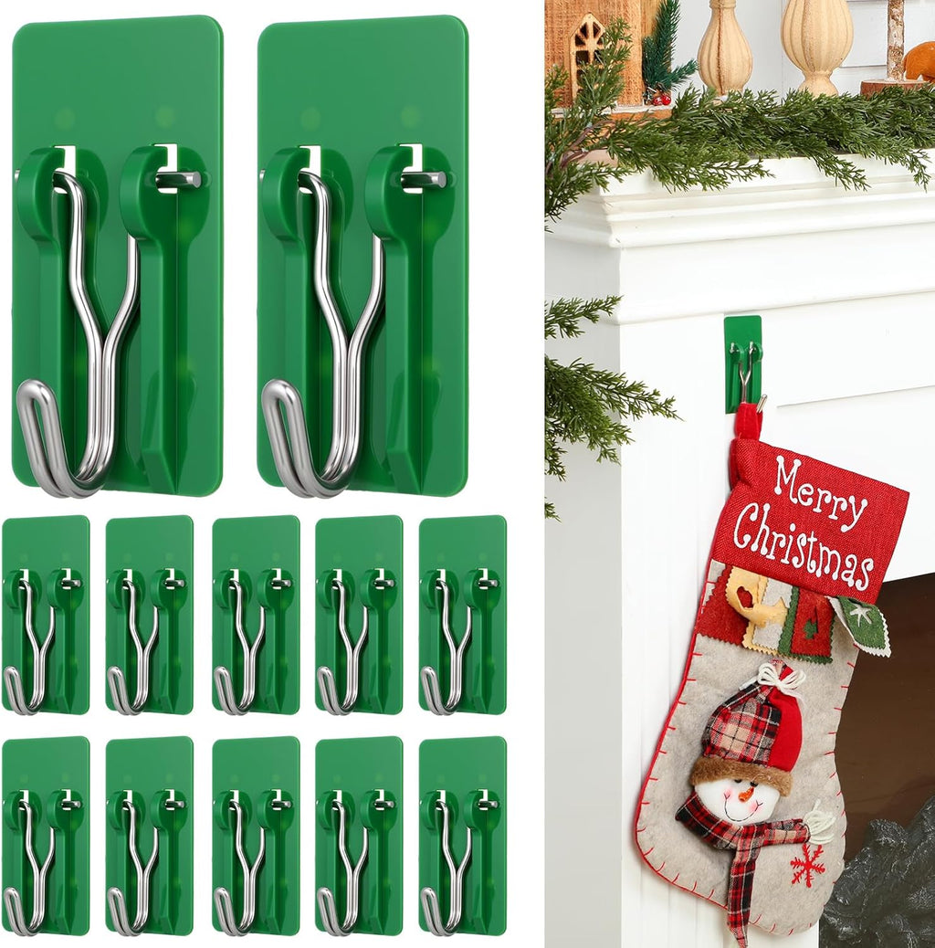 12 Pcs Christmas Green Stocking Holder Garland Hooks for Wall Christmas Stocking Holder Mantle Garland Wreath for Home Xmas Decorations Party Decor