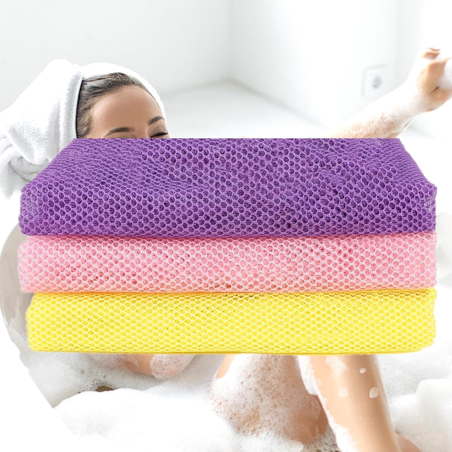 3 Pcs African Bath Sponge, Bath Sponge African Net，11.8"X31.4", Exfoliating Body Shower Scrubber, Long Back Scrubber, Daily Skin Smoother, Pink, Yellow, Purple