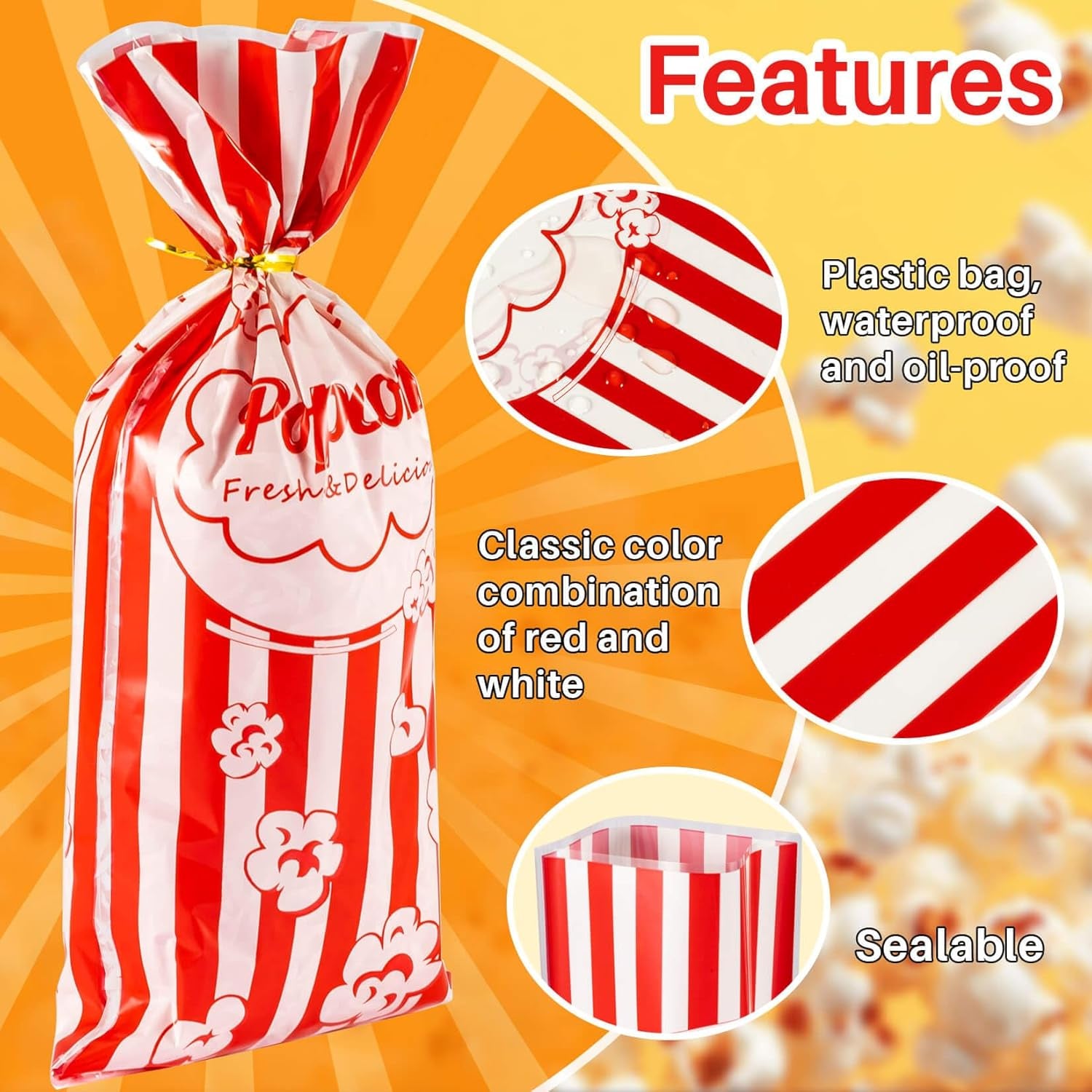100 Popcorn Bags Individual Servings - Plastic Popcorn Food Bags with Twist Tie Pop Corn Party Sleeves Bulk Bar Snack Containers Nostalgia Gift Packs Carnival Halloween Christmas Movie Night Supplies