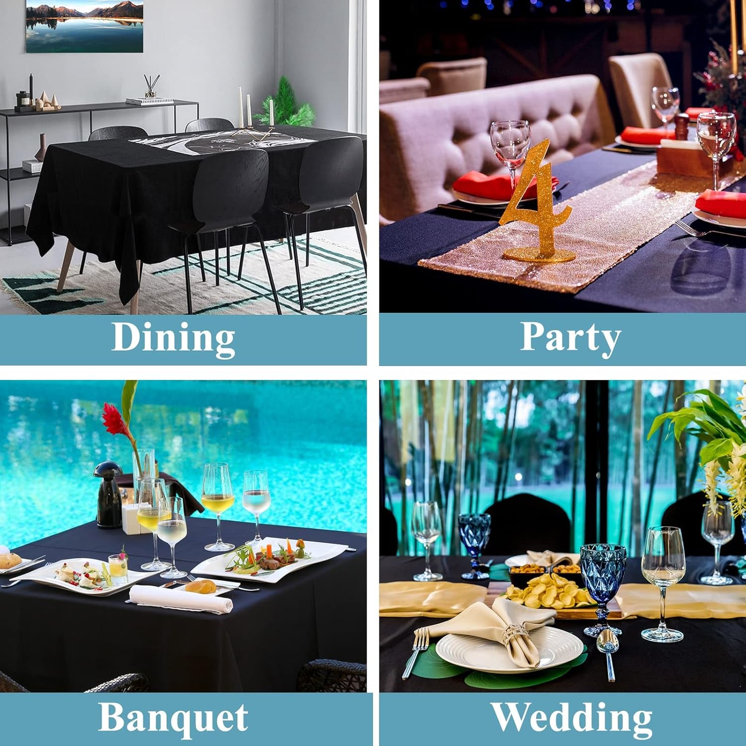 1 Pack Tablecloth 90 * 132Inch Rectangle Table Cloth Polyester, Stain Wrinkle Resistant Polyester Dining Table Cover for Kitchen Dinning Party Wedding Tabletop Buffet Decoration(Black)