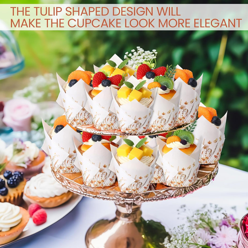 200 Pcs Fall Floral Tulip Cupcake Liners for Baking Autumn Wildflower Paper Muffin Baking Cups Flower Tulip Muffin Liners Wrappers for Thanksgiving Baby Shower Wedding Birthday Party Decor