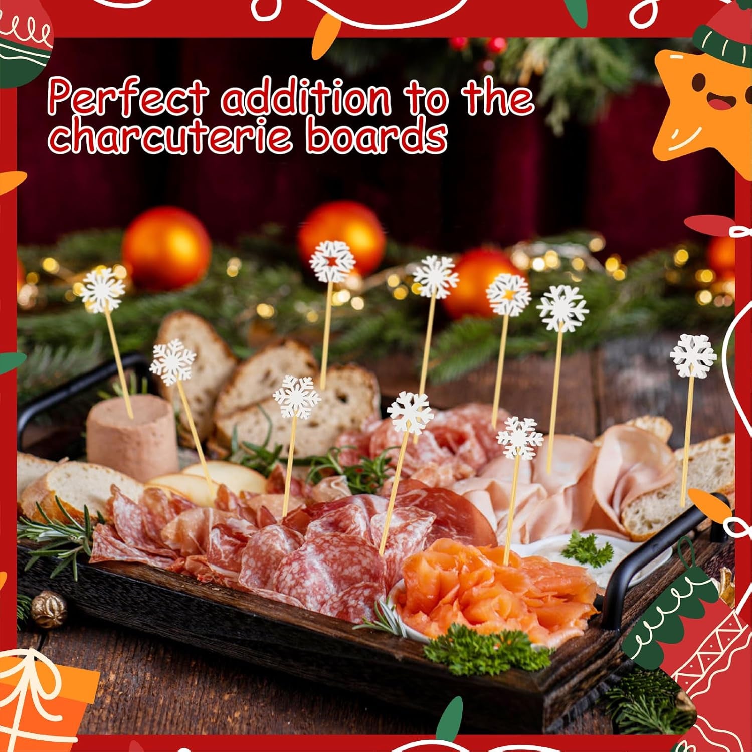 100 Christmas Snowflake Cocktail Picks, 6 Kind of Fancy Christmas Toothpicks for Appetizers, 4.7 in Bamboo Charcuterie Skewers Food Sticks for Winter Snow Frozen Decorations Christmas Party Supplies