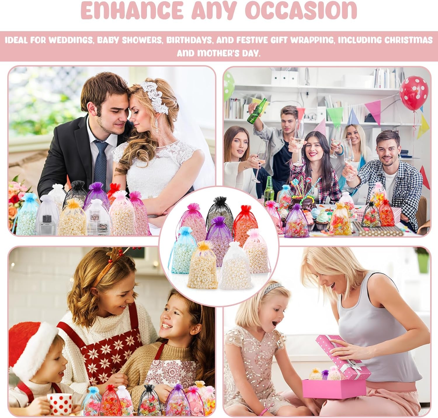 120PCS Organza Bags with Drawstring, White Sheer Gift Pouch Candy Bags for Christmas Party Favors 4 X 6 Inch