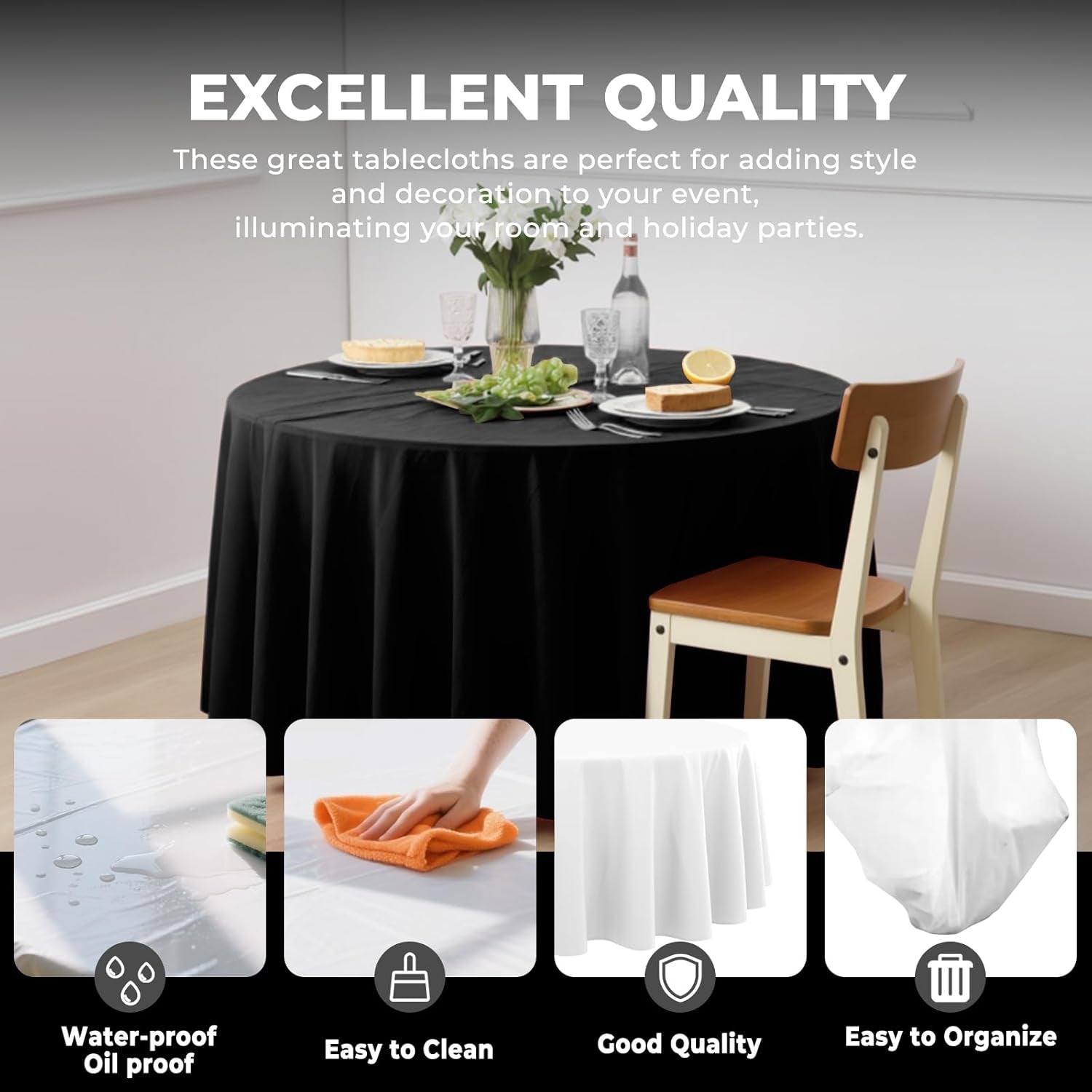 10 Pack Premium Disposable Plastic Tablecloth 84" round Table Cover for Birthdays Weddings Christmas Anniversary Buffet Table (Black)