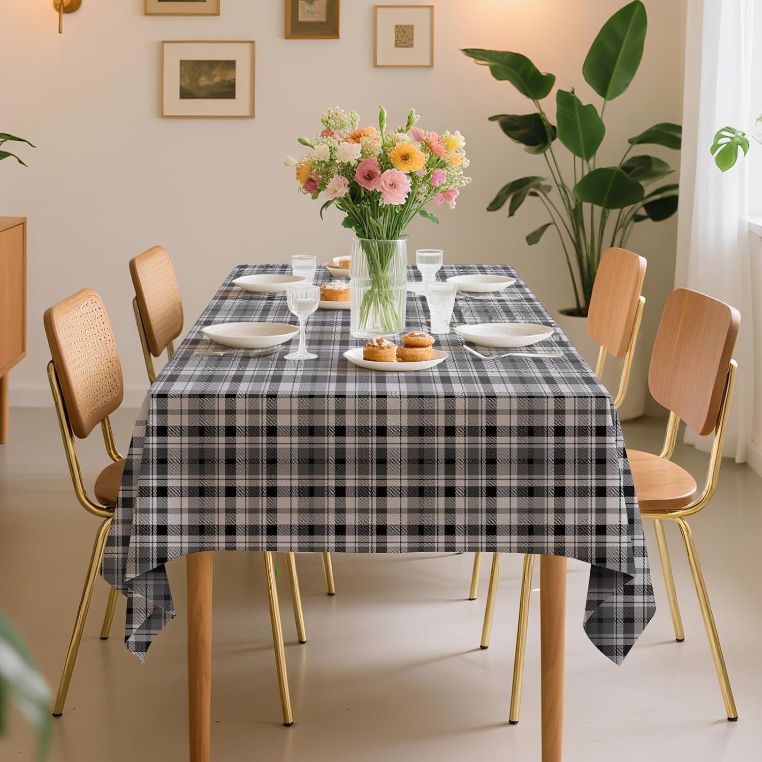 10 Pack Premium Disposable Plastic Tablecloth 54" X 108" Rectangle Table Cover for Birthdays Weddings Christmas Anniversary Buffet Table (Checkered- Black)