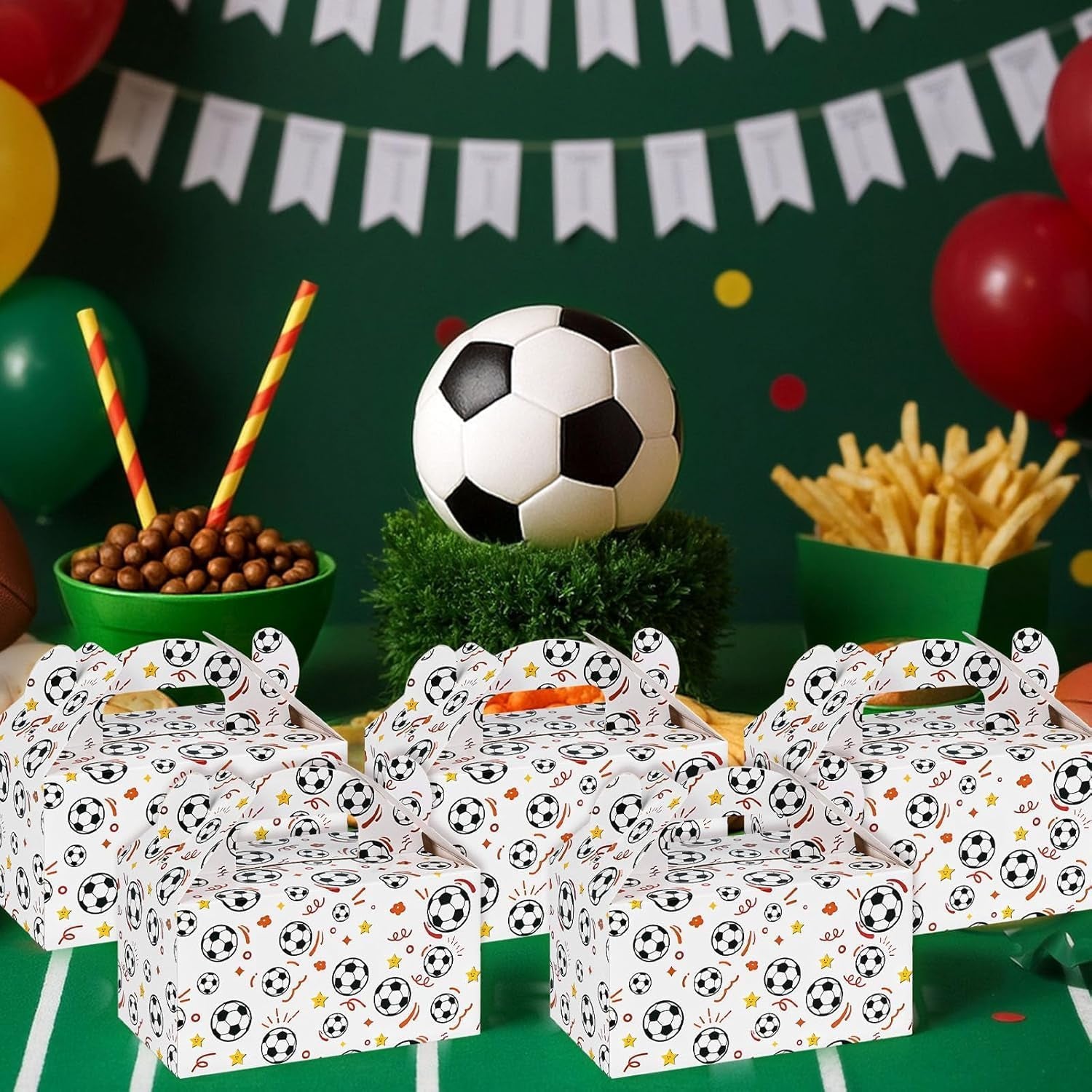 16PCS Party Favor Boxes, Soccer Goodie Bags Paper Gable Treat Snack Bags for Soccer Themed Party Decorations Supplies 6.1×3.5×3.3 Inch