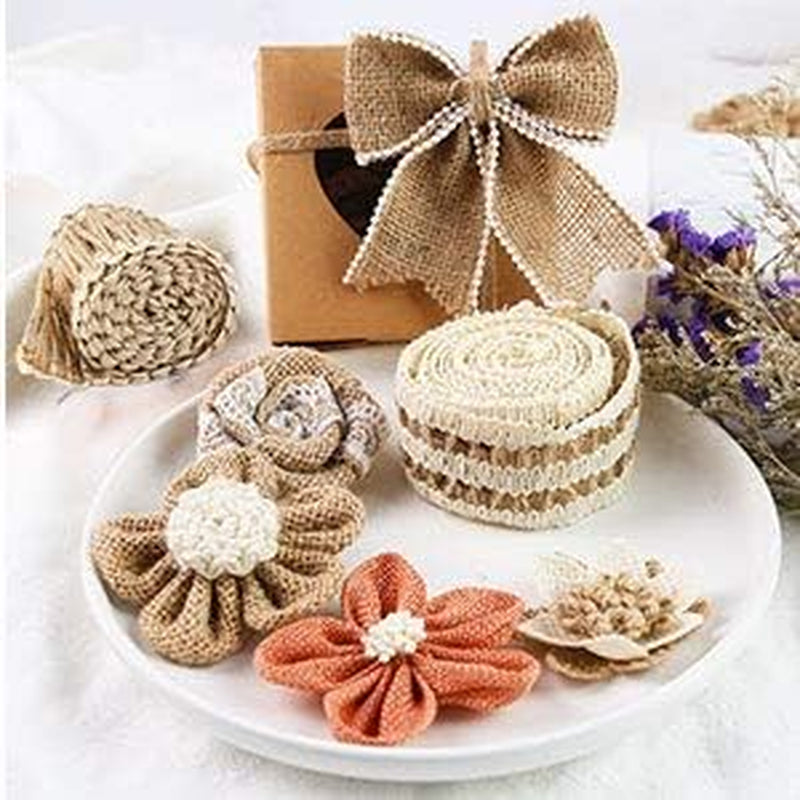 16 PCS Natural Burlap Flowers Set, Including 12 PCS Handmade Lace Burlap Flowers and Bowknots, 4 Rolls Burlap Ribbon for Christmas Birthday Party Wedding Home Embellishment DIY Crafts