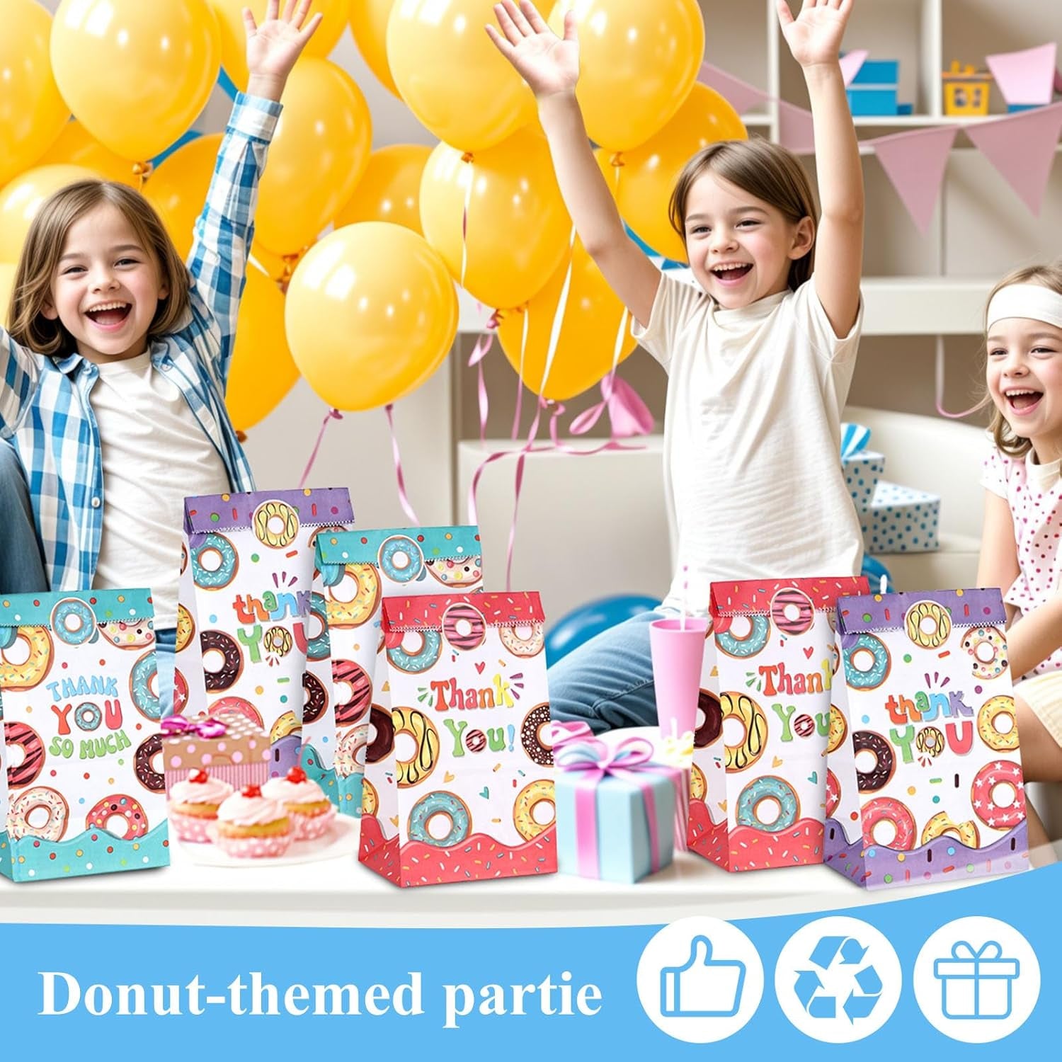 24PCS Donut Party Favor Bags, Paper Gift Bags Goodie Bags with Stickers Candy Bags for Kids Birthday Party