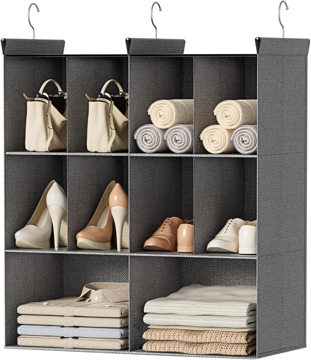 3 Tier Hanging Closet Organizer, 10 Compartments Sweater Organizer for Closet with 3 Sturdy Hooks, Closet Organizers and Storage, Wardrobe, Rv, Garment Rack, Grey