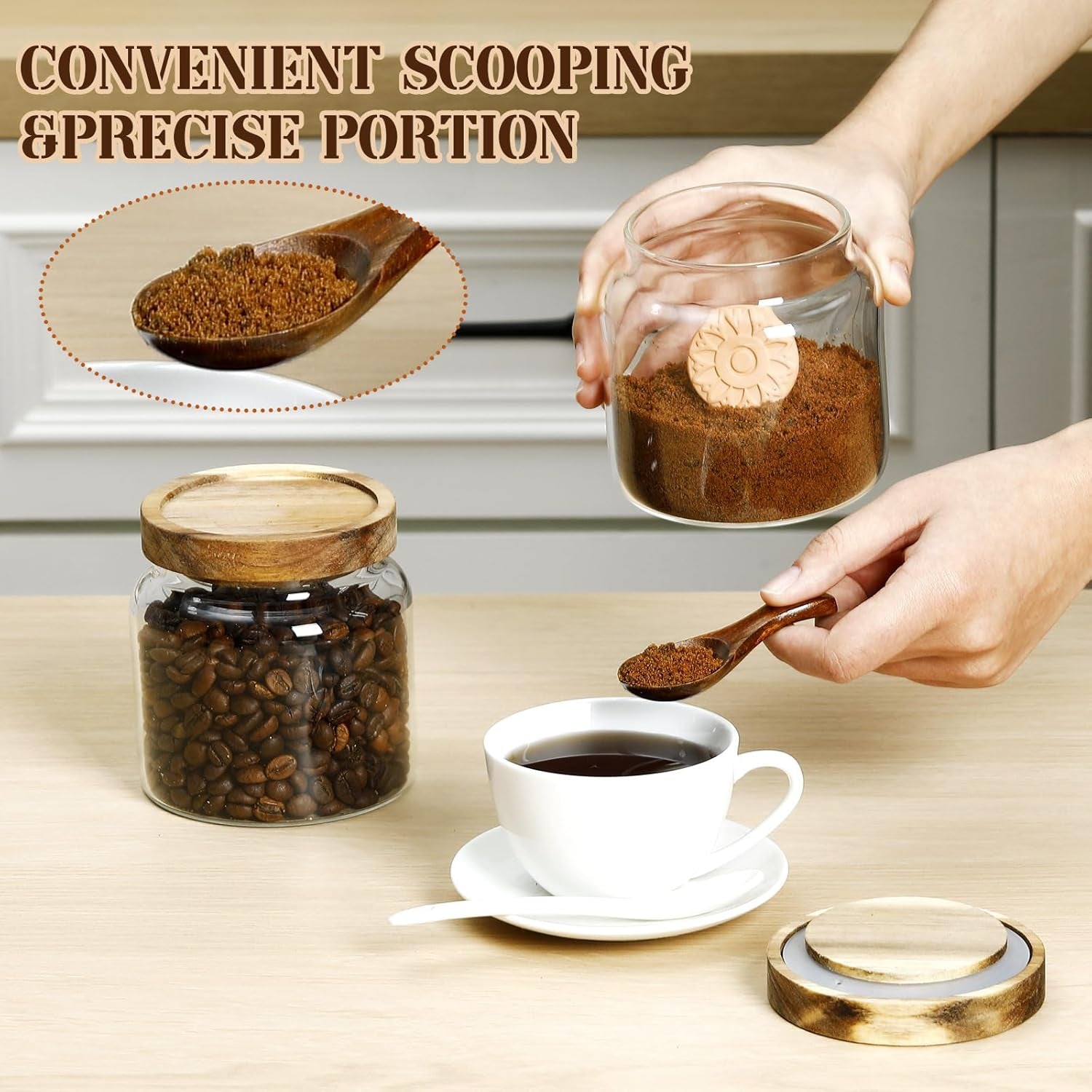 2 Pack Brown Sugar Keeper Container with Spoon, 500 Ml / 0.53 Qt Glass Brown Sugar Storage Container with Wooden Spoon and Lid, Clear Glass Storage Jar for Baking, Salt and Snacks Saver