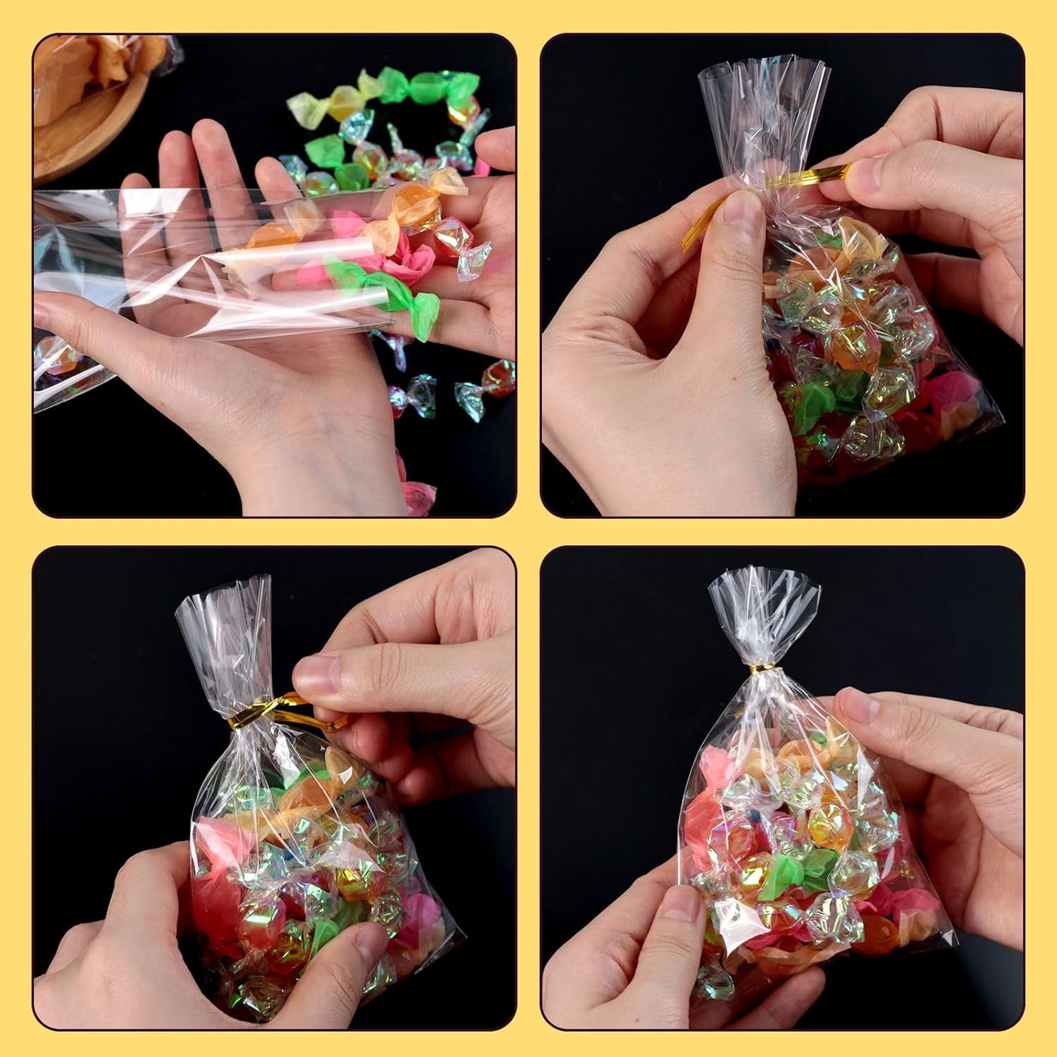 200 Pack Goodie Bags, Cellophane Treat Bags with Ties 4X6 Inch for Cotton Candy Cookie Popcorn Christmas Party Favors Supplies