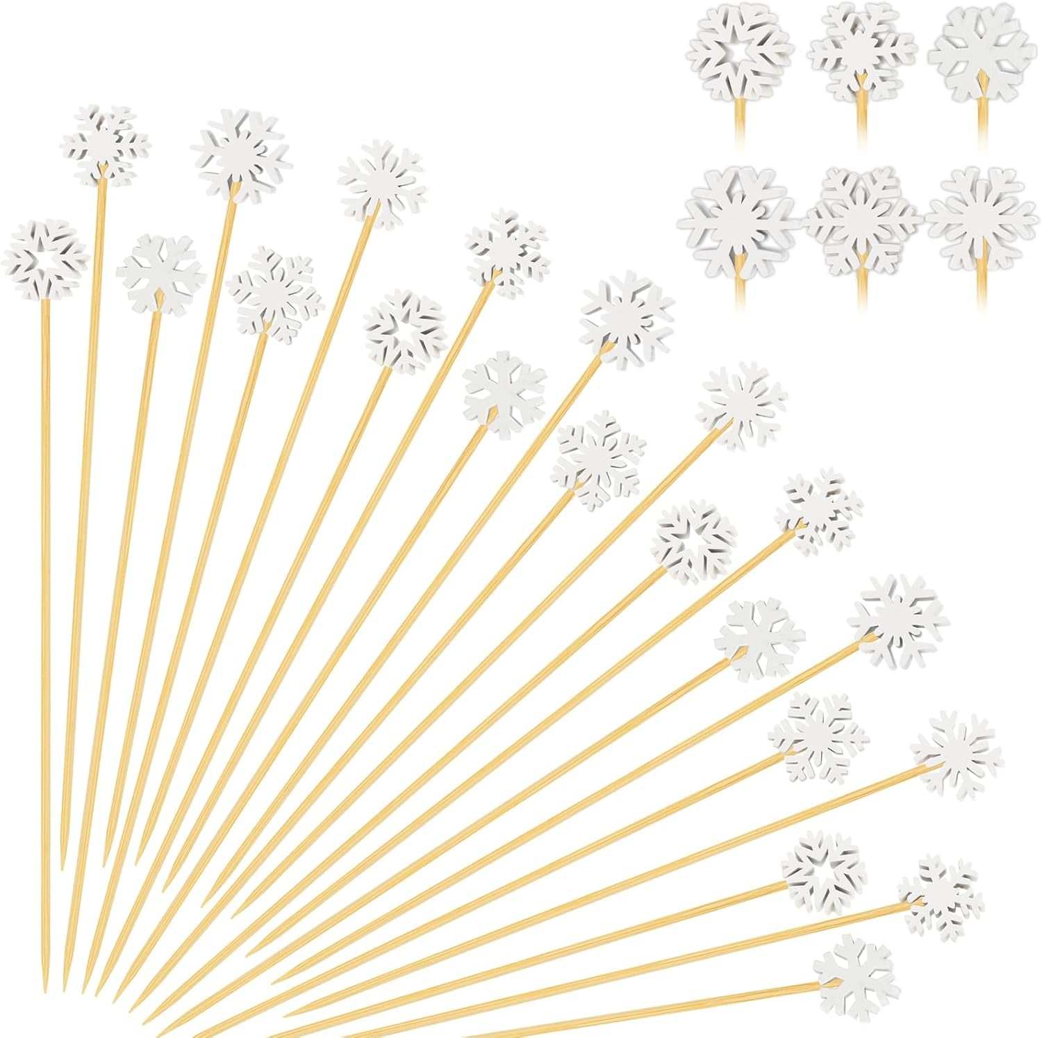 100 Christmas Snowflake Cocktail Picks, 6 Kind of Fancy Christmas Toothpicks for Appetizers, 4.7 in Bamboo Charcuterie Skewers Food Sticks for Winter Snow Frozen Decorations Christmas Party Supplies