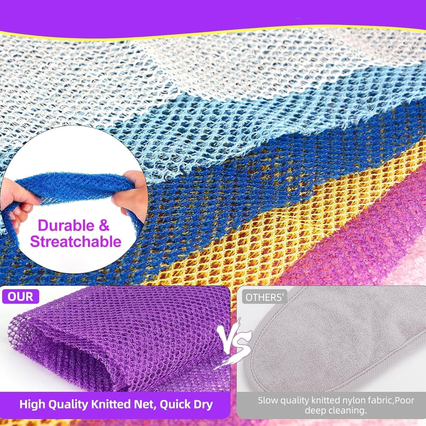 3 Pcs African Bath Sponge, Bath Sponge African Net，11.8"X31.4", Exfoliating Body Shower Scrubber, Long Back Scrubber, Daily Skin Smoother, Pink, Yellow, Purple