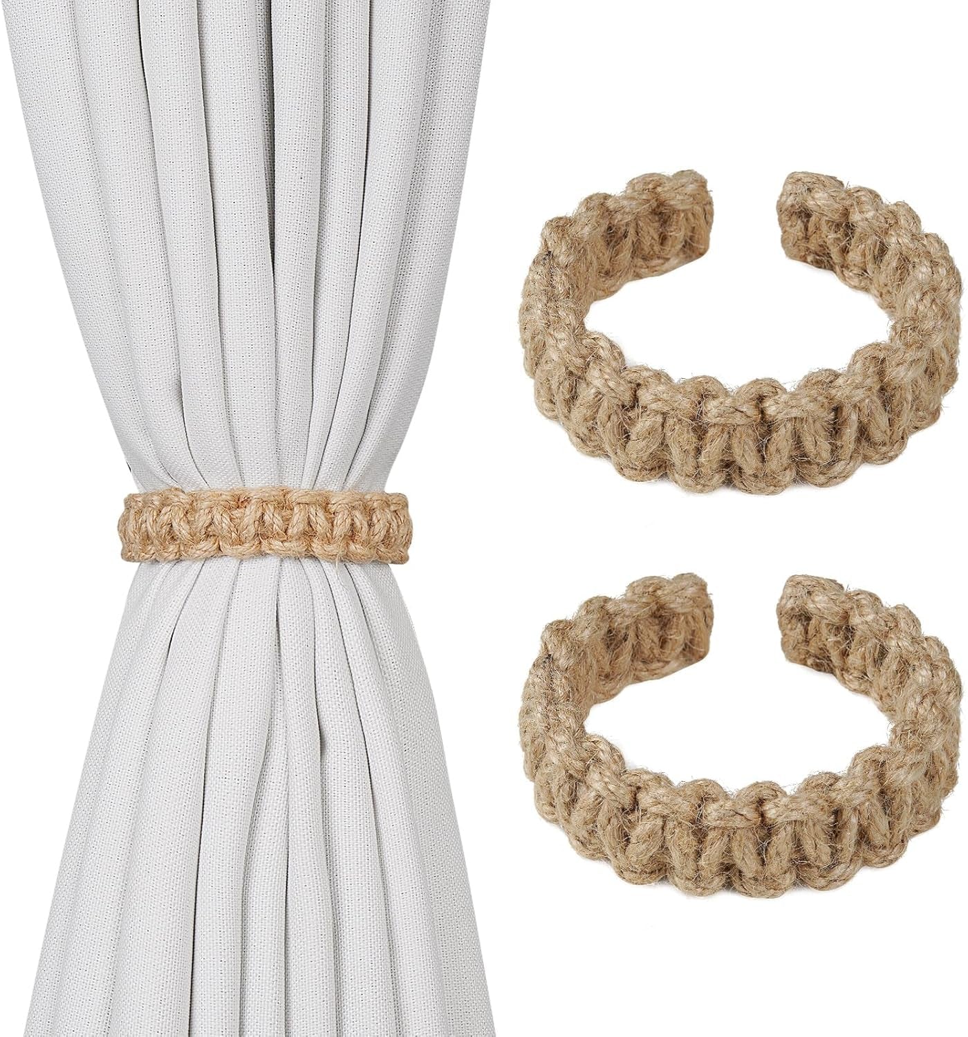 2 Pack Jute Curtain Tiebacks, Braided Curtain Holdbacks No Drill, Boho Curtain Tie Backs, Decorative Rustic Wicker Curtain Holders for Drapes in Bedroom, Nursery, Living Room