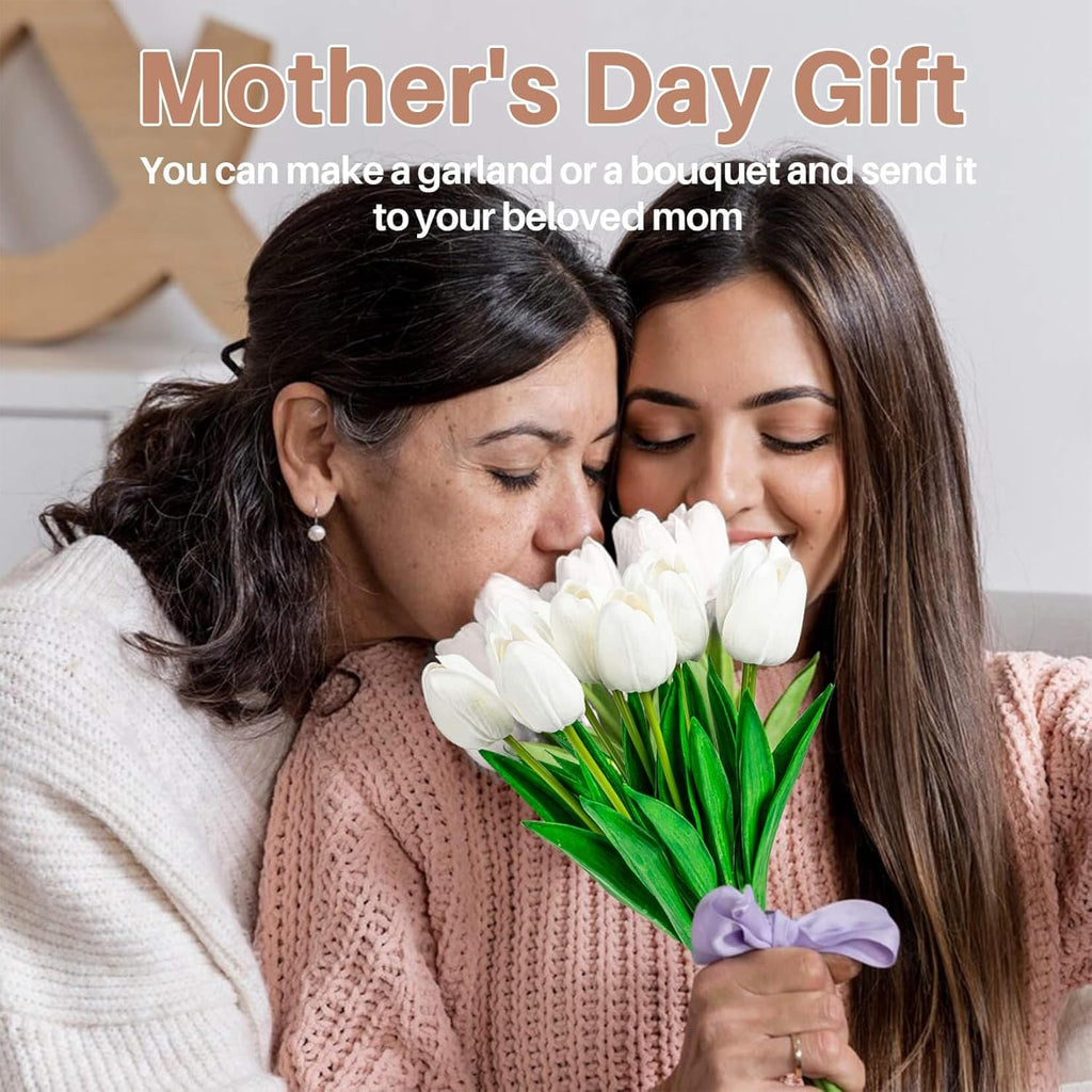 10 White Tulips Artificial Flowers - Real Touch Fake Tulips, Realistic Faux Plastic Flowers Bouquet for Home Dining Table Decoration