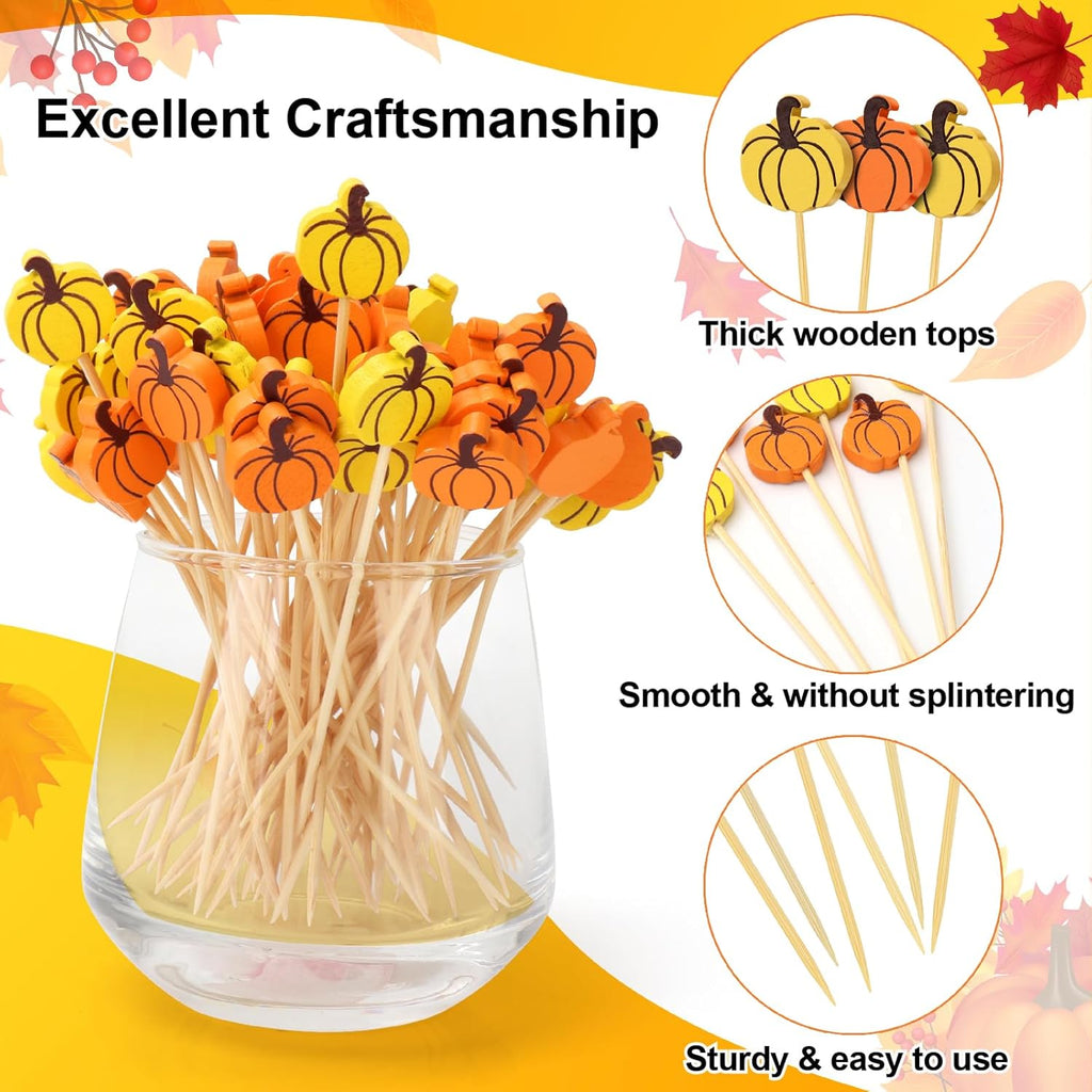 100 Thanksgiving Cocktail Picks, Pumpkin Fall Toothpicks for Appetizers Charcuterie Boards Accessories, 4.7 in Bamboo Skewers Fruit Drinks Food Sticks, Thanksgiving Decoration Autumn Party Supplies