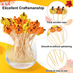 100 Thanksgiving Cocktail Picks, Pumpkin Fall Toothpicks for Appetizers Charcuterie Boards Accessories, 4.7 in Bamboo Skewers Fruit Drinks Food Sticks, Thanksgiving Decoration Autumn Party Supplies