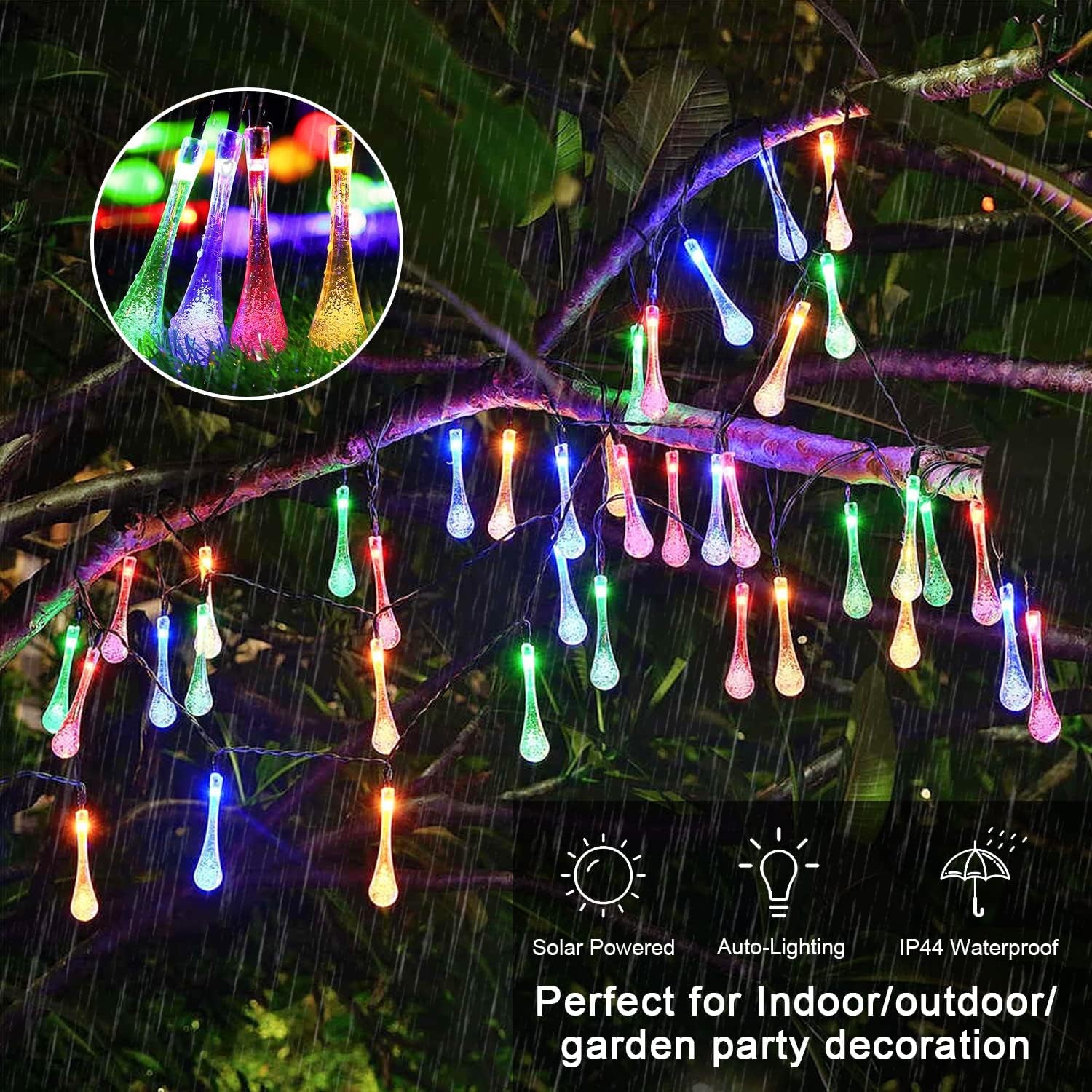 2 Pack Solar String Lights Outdoor Waterproof, Total 41.6FT 60 LED Teardrop Water Drop Solar Light, Multi Colored Christmas Lights for Garden Patio Yard Tree Party Christmas Decorations
