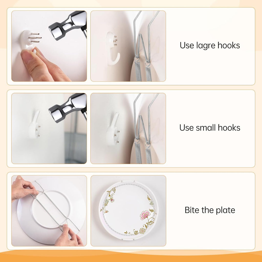 14 Pcs Plate Hangers for Wall - 8/10/12/14/16 Inch Invisible Plates Hanger, Stainless Steel Plate Holders with 14 Pieces Wall Hooks for 7.5 to 19.5 Inch Decorative Plates and Arts (Silver)