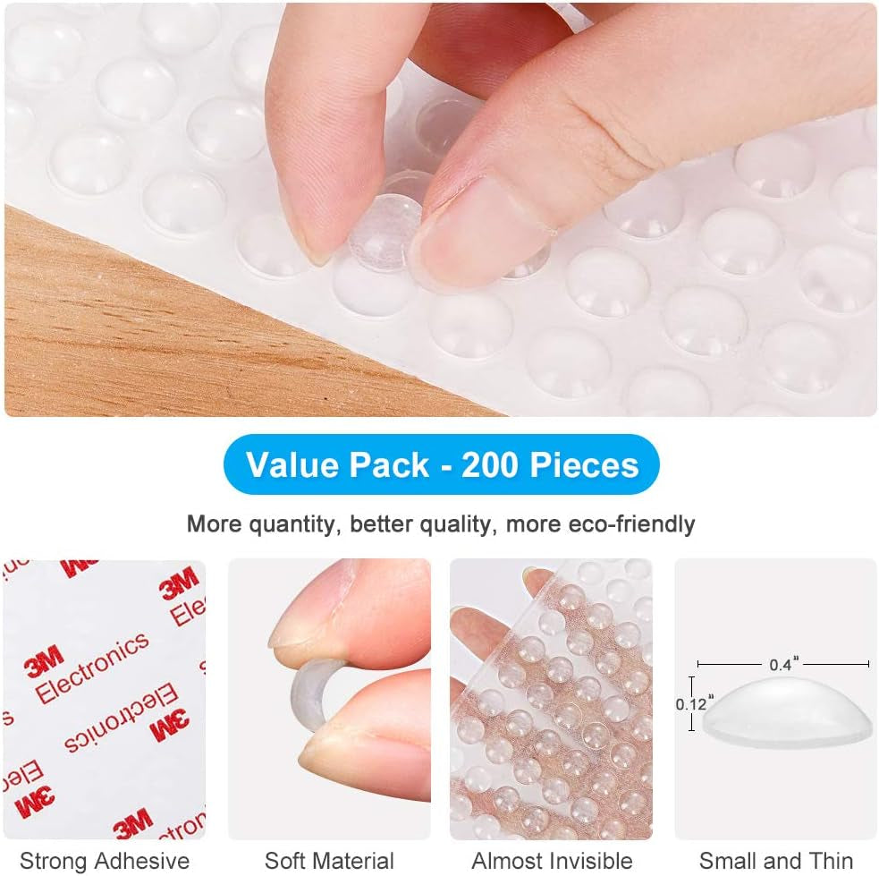 200PCS Cabinet Bumpers Clear Rubber Bumpers Self Adhesive, Soft Close Cabinet Door Bumper Dots, Sound Dampening Cupboard Door Bumpers Pads for Kitchen Drawers, Picture Frames, Furniture
