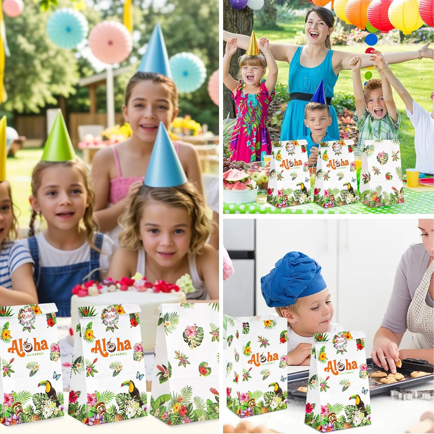 24PCS Luau Hawaii Party Favor Bags, 4.7"X3.1"X8.7" Aloha Paper Gift Bags with Stickers for Candy, Treats, Summer Tropical Hawaiian Parties