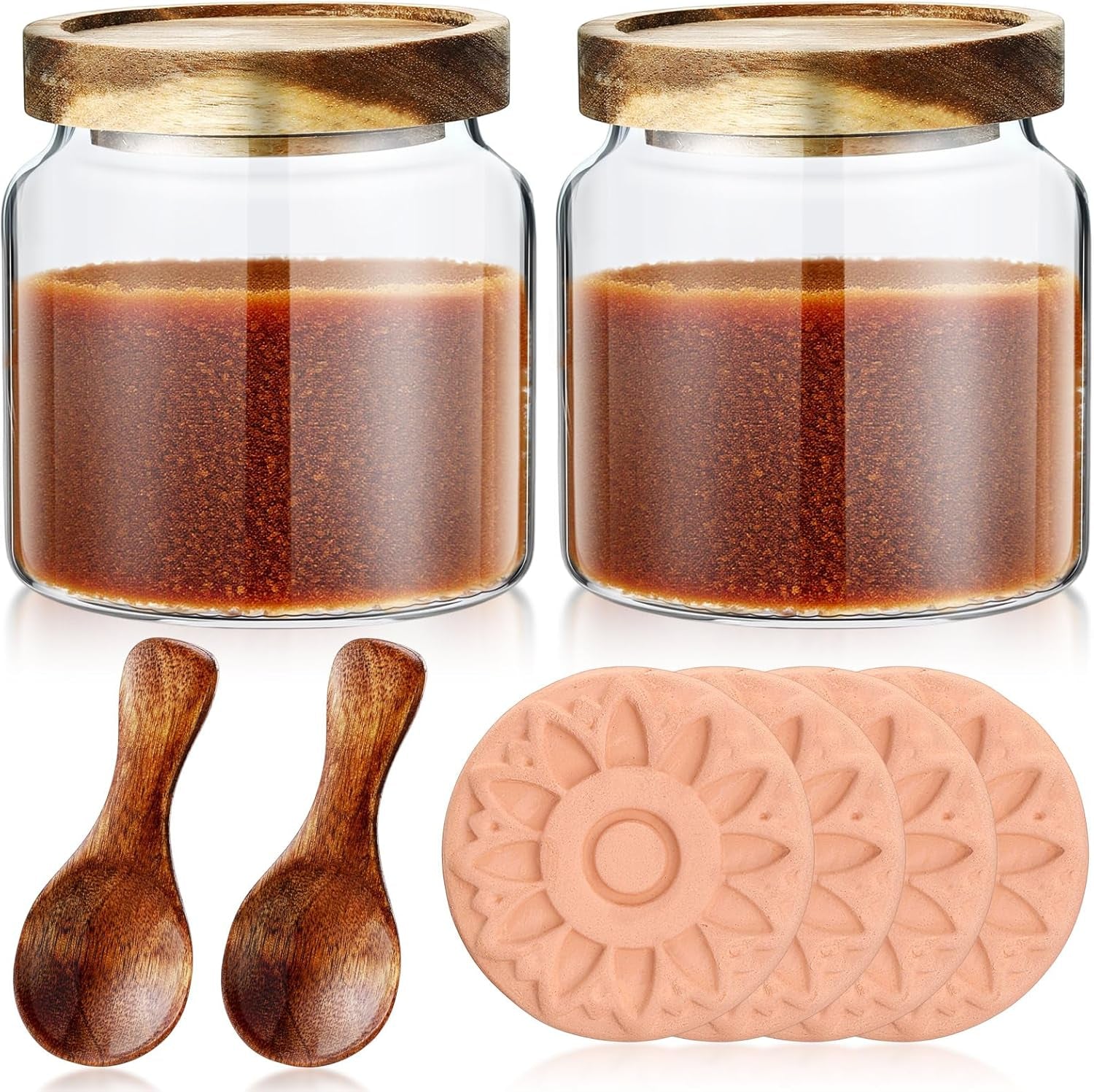 2 Pack Brown Sugar Keeper Container with Spoon, 500 Ml / 0.53 Qt Glass Brown Sugar Storage Container with Wooden Spoon and Lid, Clear Glass Storage Jar for Baking, Salt and Snacks Saver
