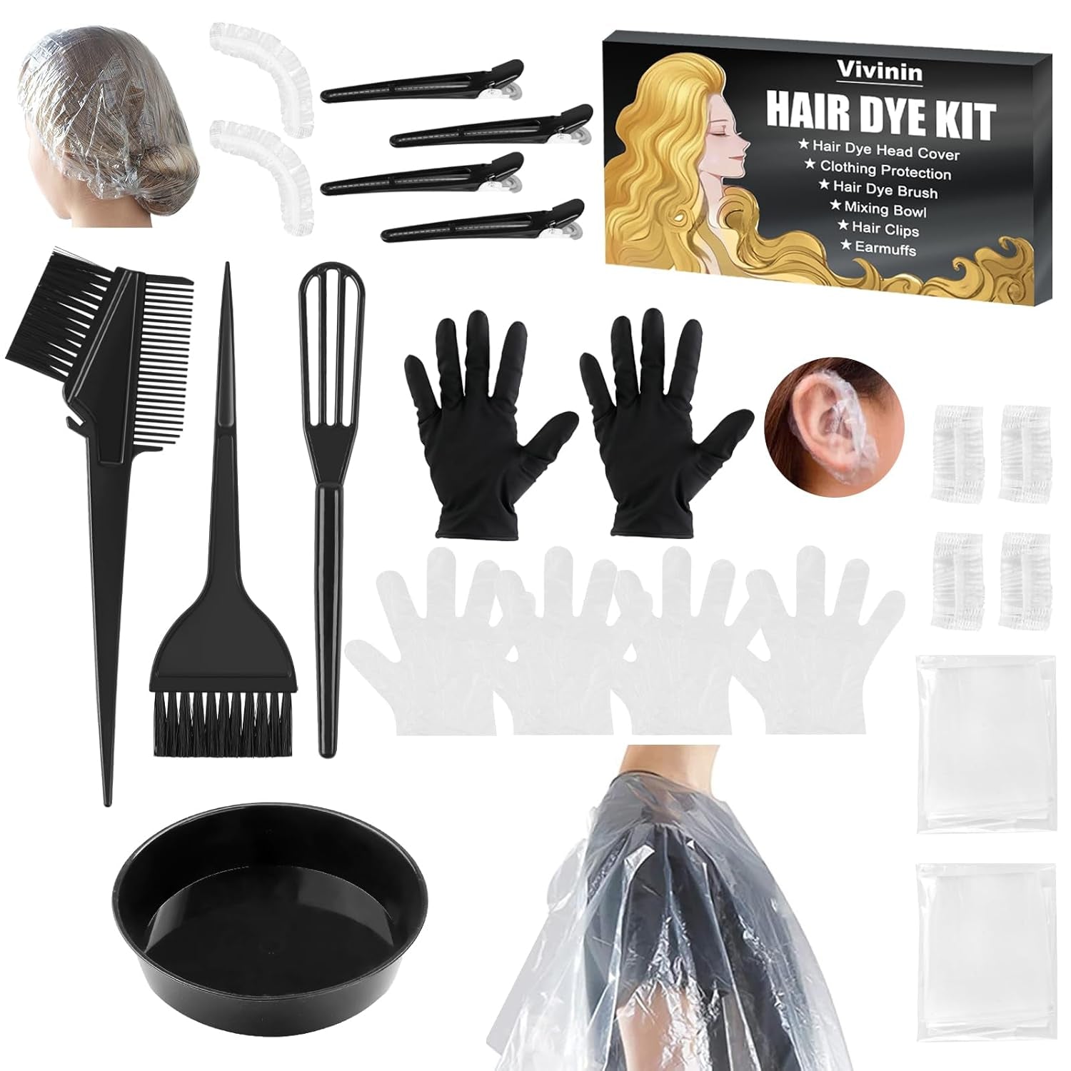 19PCS Hair Dye Kit, Hair Coloring Products with Hair Dye Brush, Collapsible Bowl, Clips, Ear Muffs, Disposable Gloves, Scarf, Shower Cap