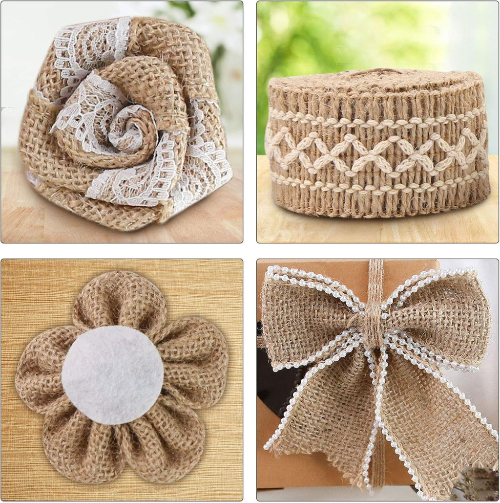 16 PCS Natural Burlap Flowers Set, Including 12 PCS Handmade Lace Burlap Flowers and Bowknots, 4 Rolls Burlap Ribbon for Christmas Birthday Party Wedding Home Embellishment DIY Crafts