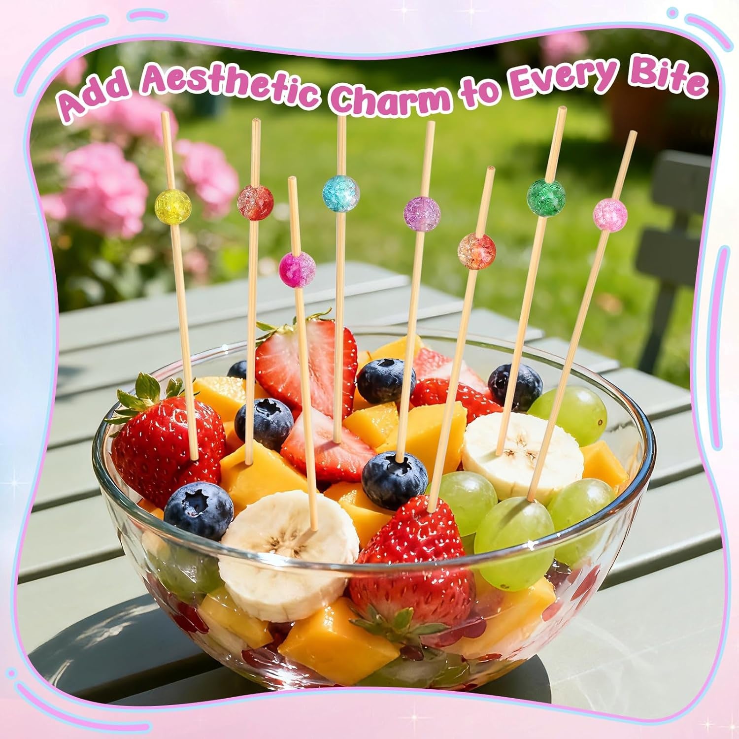 200PCS Cocktail Picks, Colored Pearl Fancy Toothpicks for Appetizers, 4.7 in Long Decorative Bamboo Skewers, Wooden Garnish Sticks for Food Drinks Fruit Charcuterie Boards Accessories Party Supplies